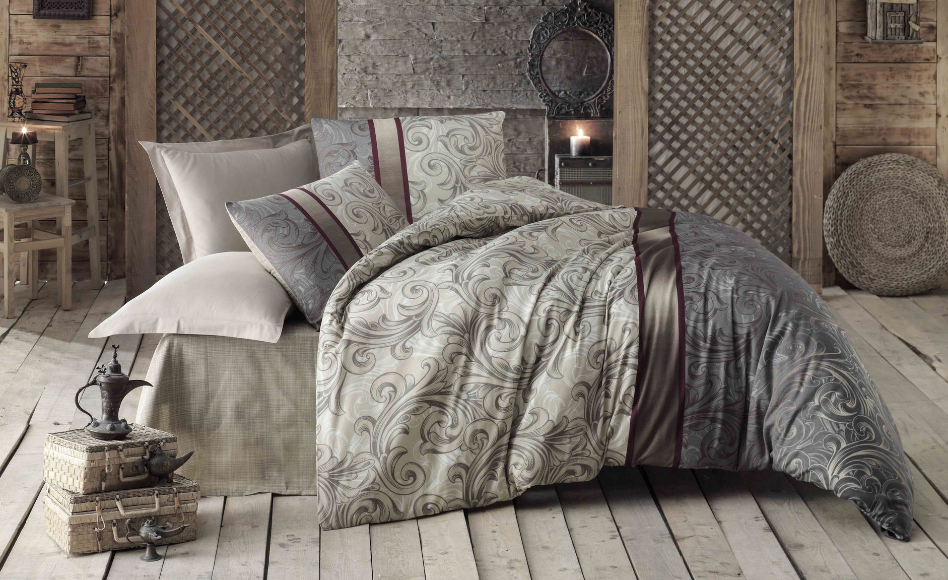 Set de housse de couette 260x220cm et 2 taies d'oreiller 60x60cm Alda Tissu Motif Arabesques enrubanné Beige et Gris