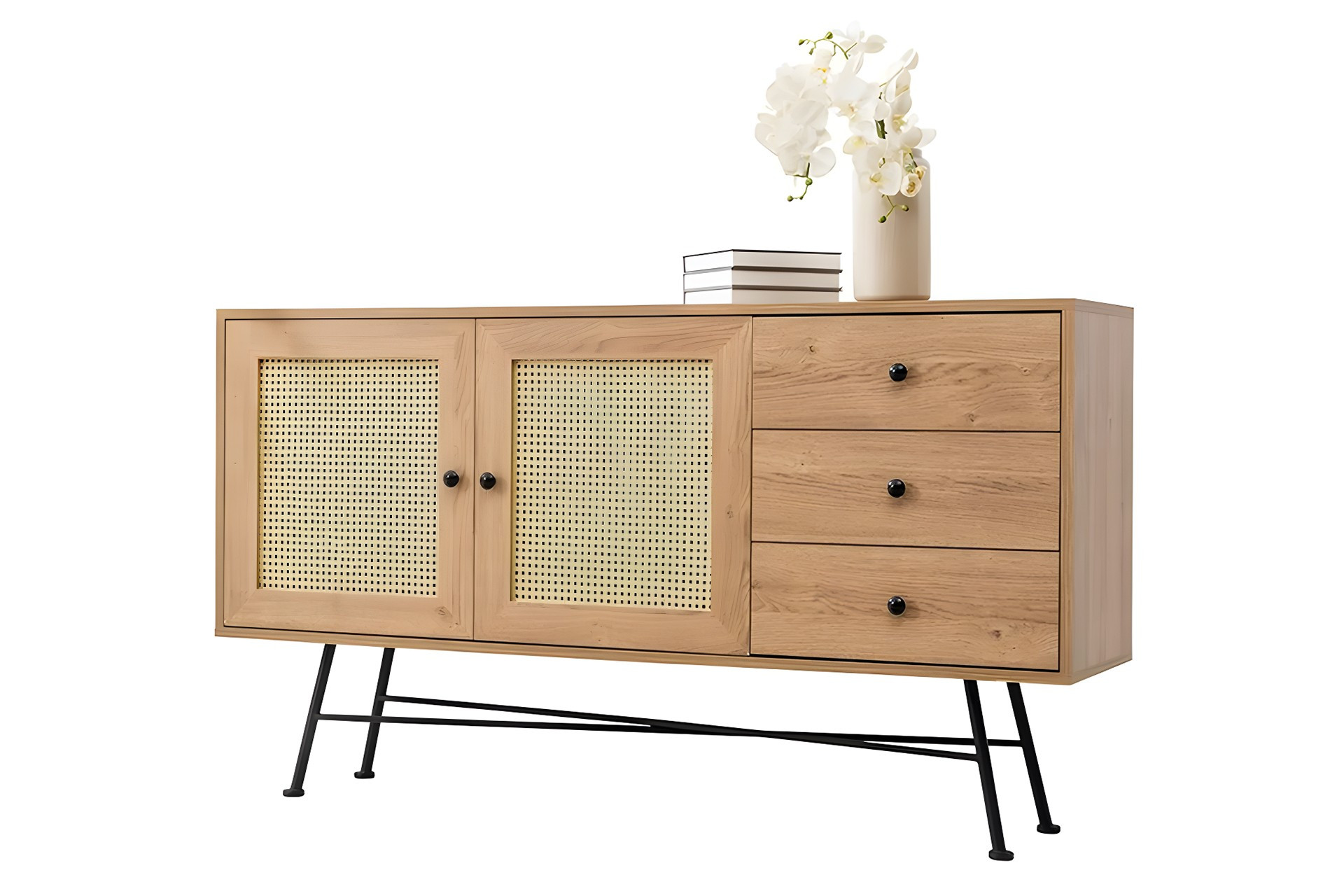 Buffet Fidole L160cm Bois clair et Cannage Beige