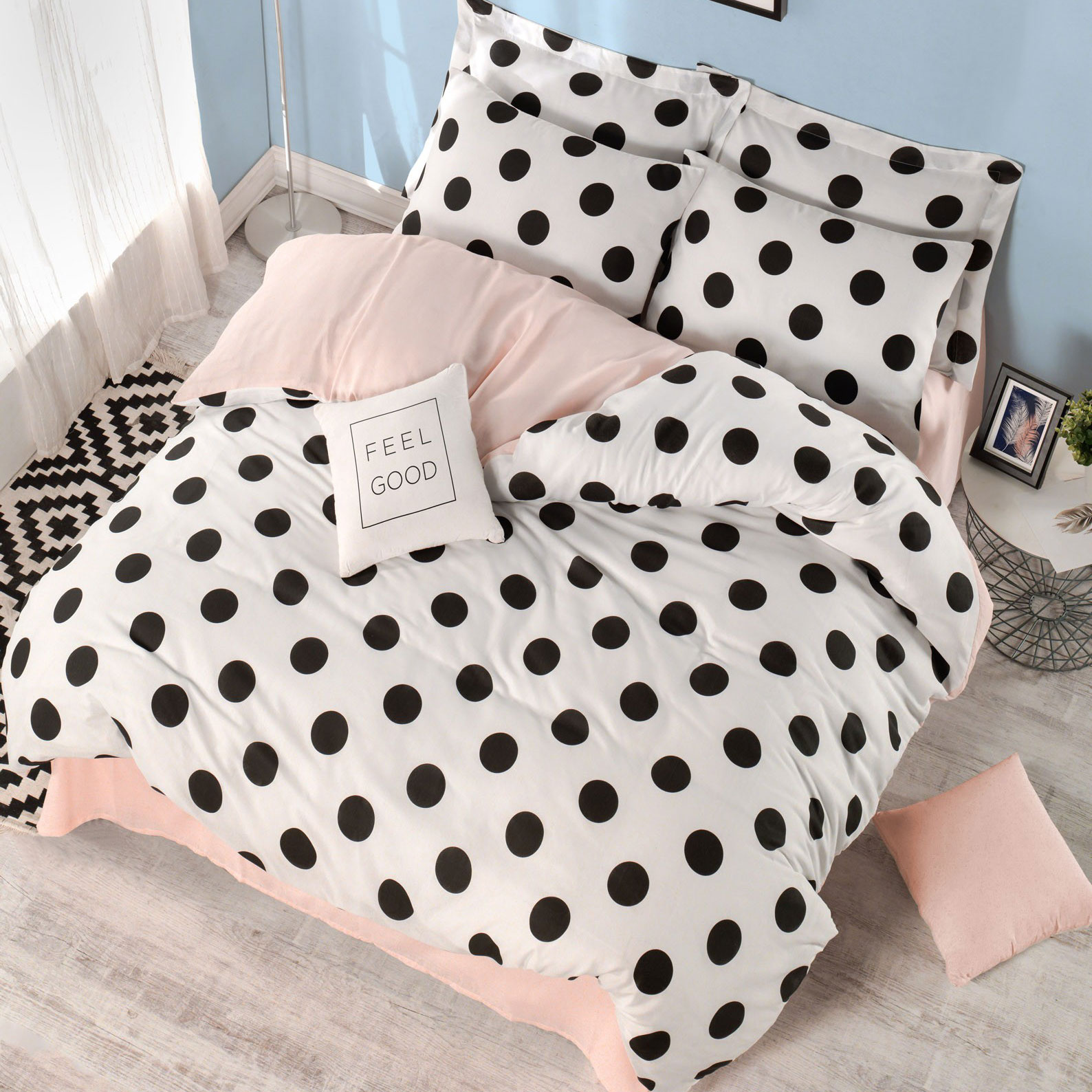 Parure de lit à pois 240x220cm avec 2 taies d'oreiller 60x60cm Chichuan Rose clair