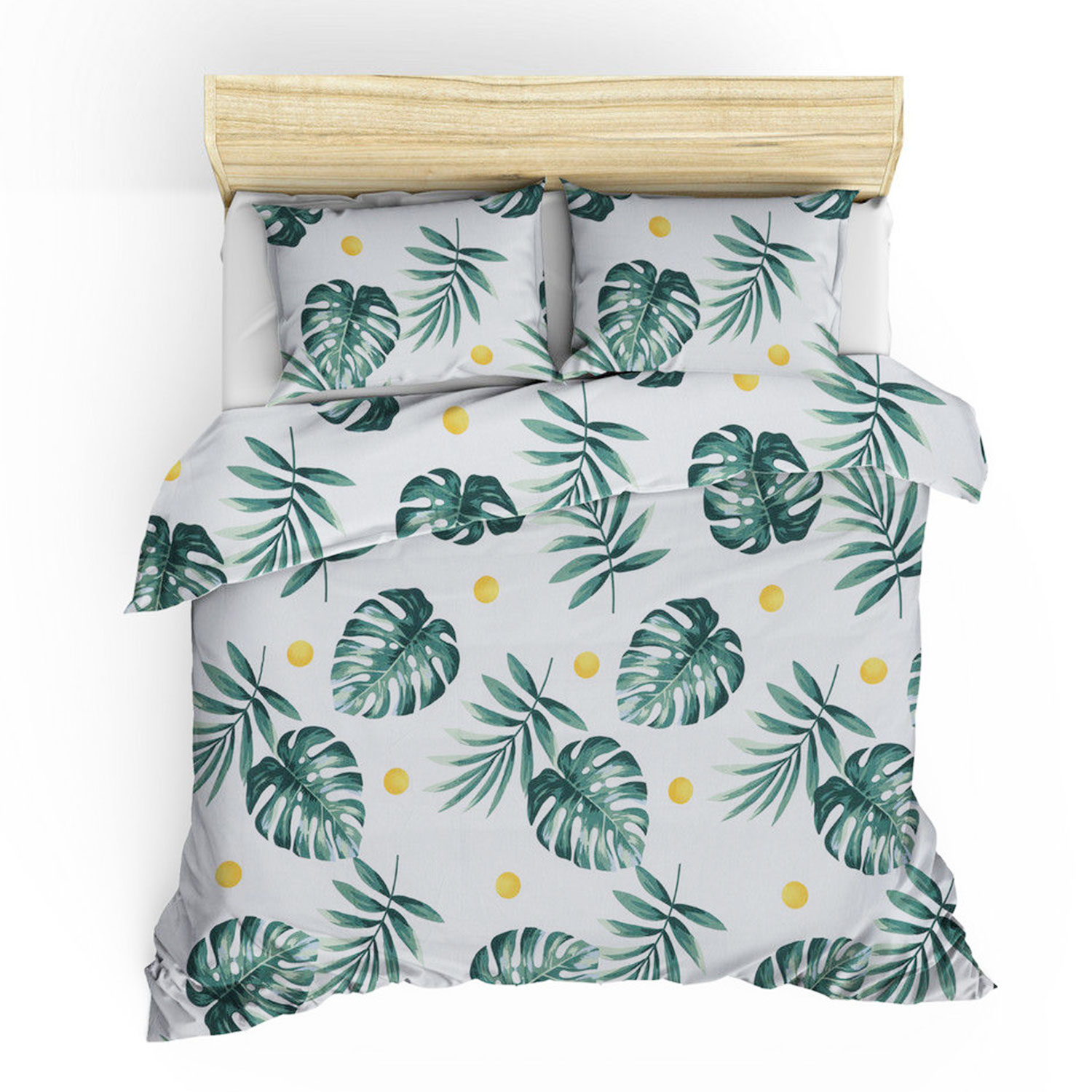 Set de housse de couette 240x220cm et 2 taies d'oreiller Zia Tissu Motif Feuilles Tropicale Vert et Blanc