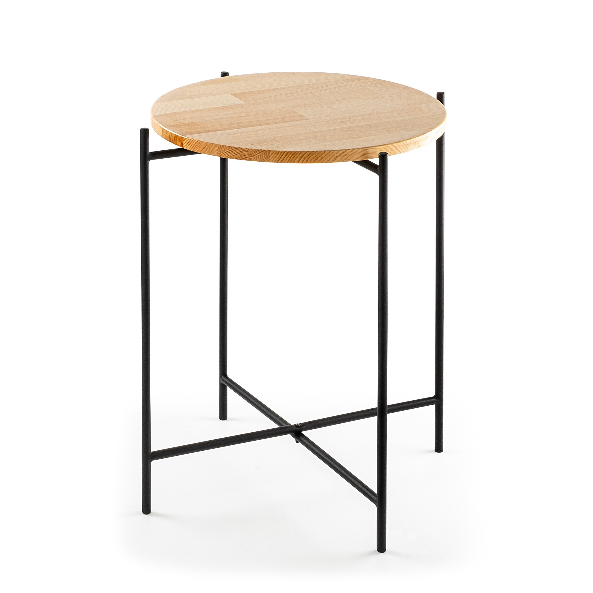 Table basse ronde style industriel Antula D46cm Bois clair et Métal Noir