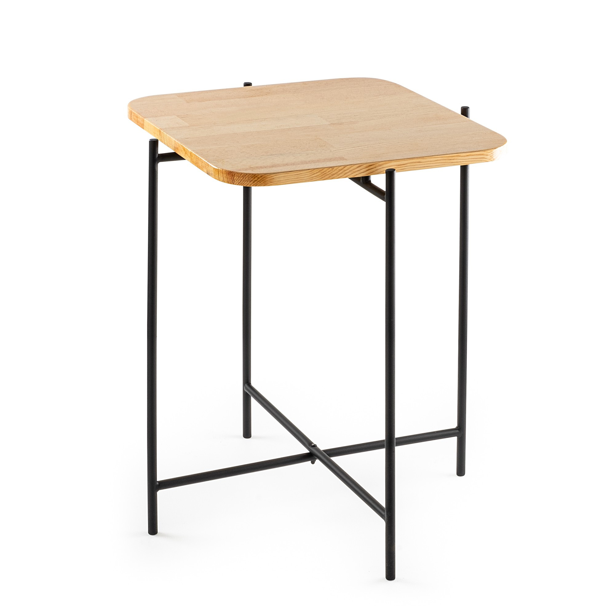 Table basse carrée style industriel Antula 46x46cm Bois massif clair et Métal Noir
