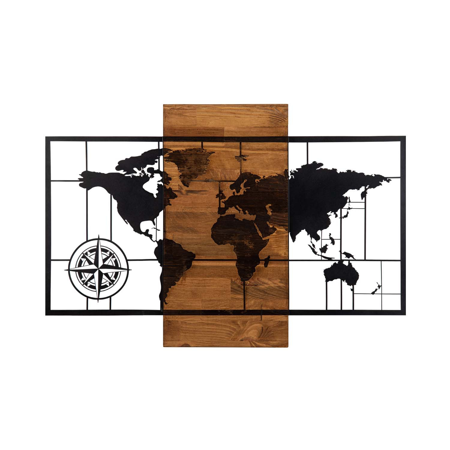 Décoration murale mappemonde avec points cardinaux Chiara L85xH58cm Bois foncé et Métal Noir