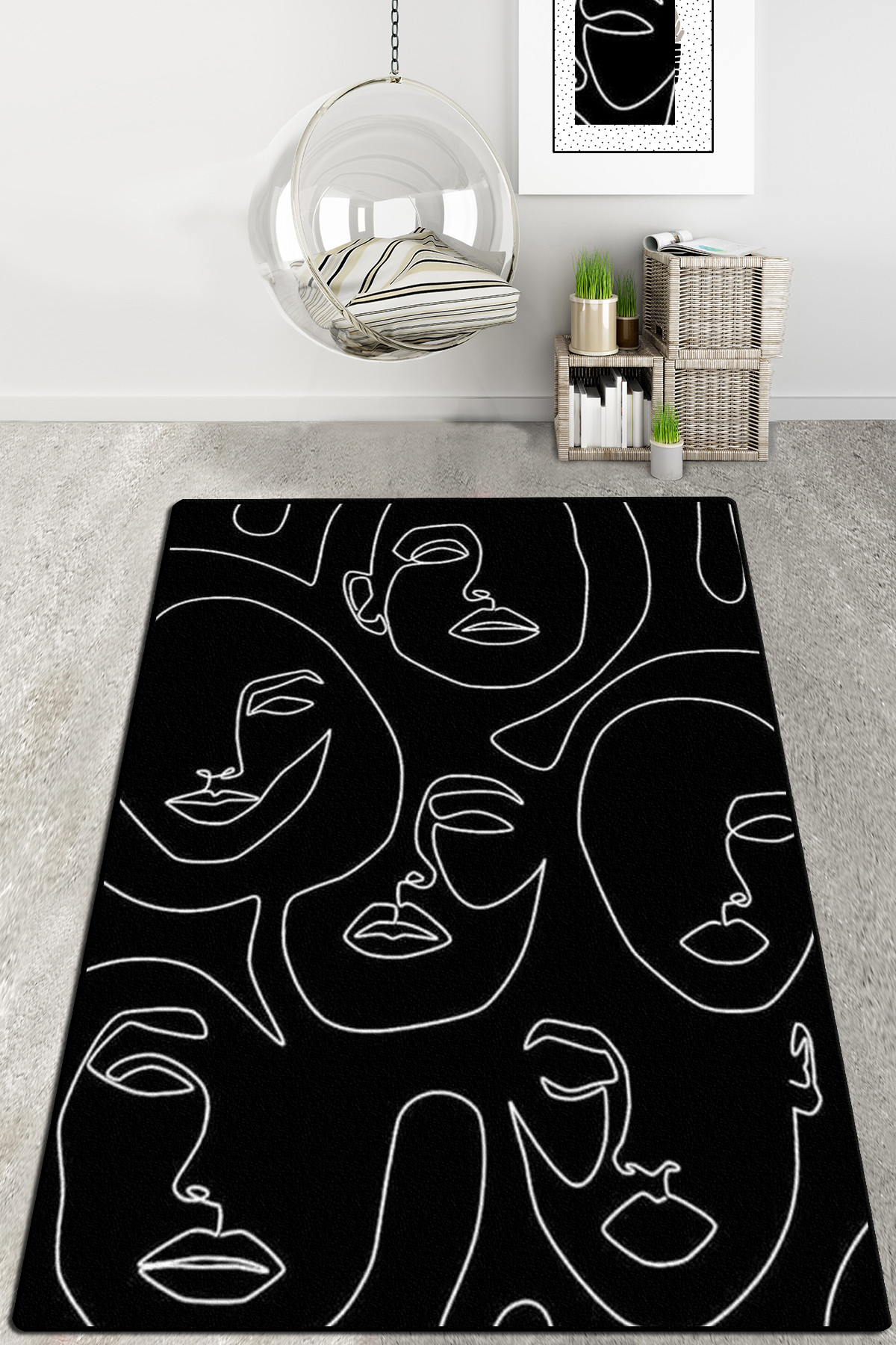 Tapis Eben 80x150cm Motif Abstrait, dessin de visages d'une féminins Noir et Blanc