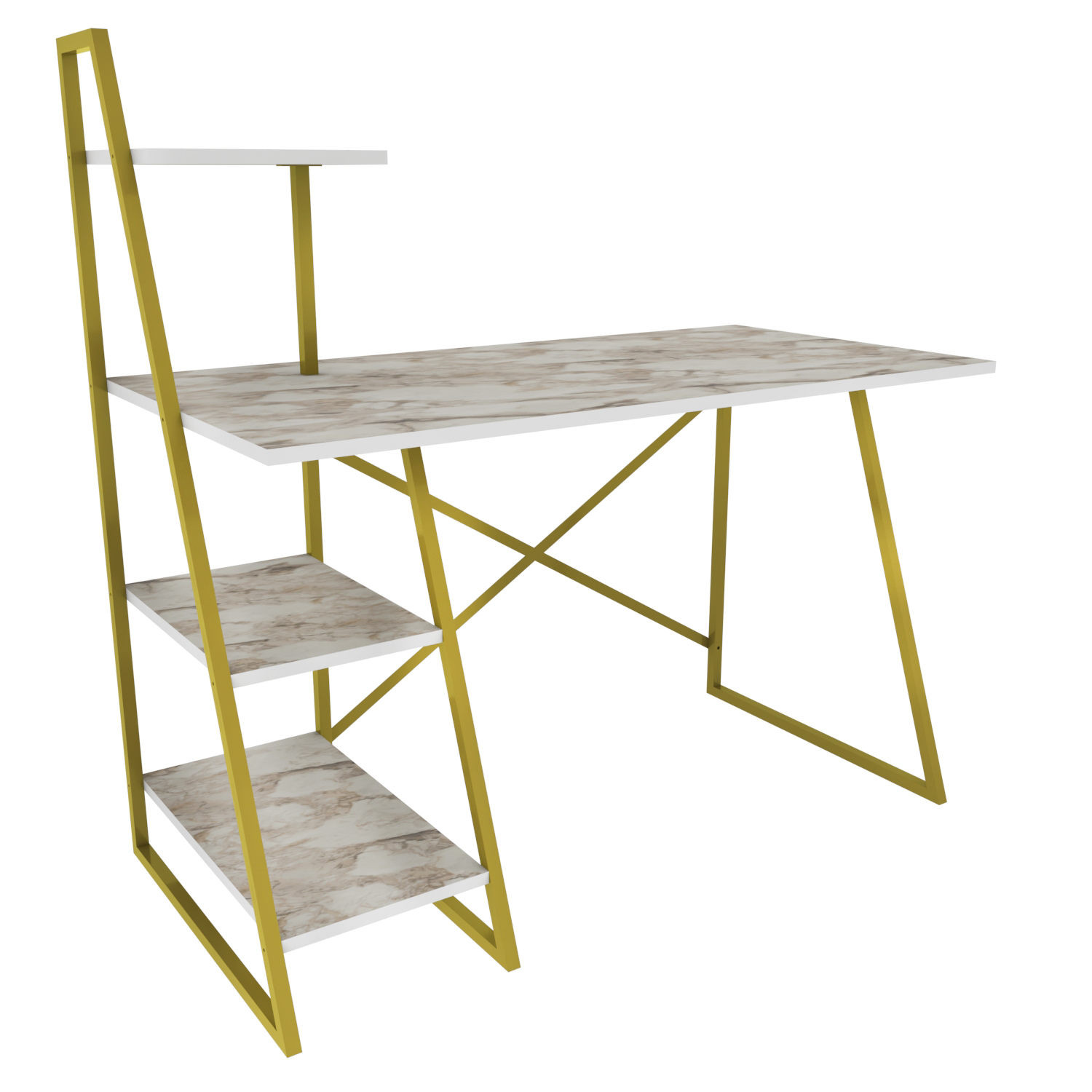 Bureau design à étagères Lilowan L120cm Bois Effet marbre Blanc et Métal Or
