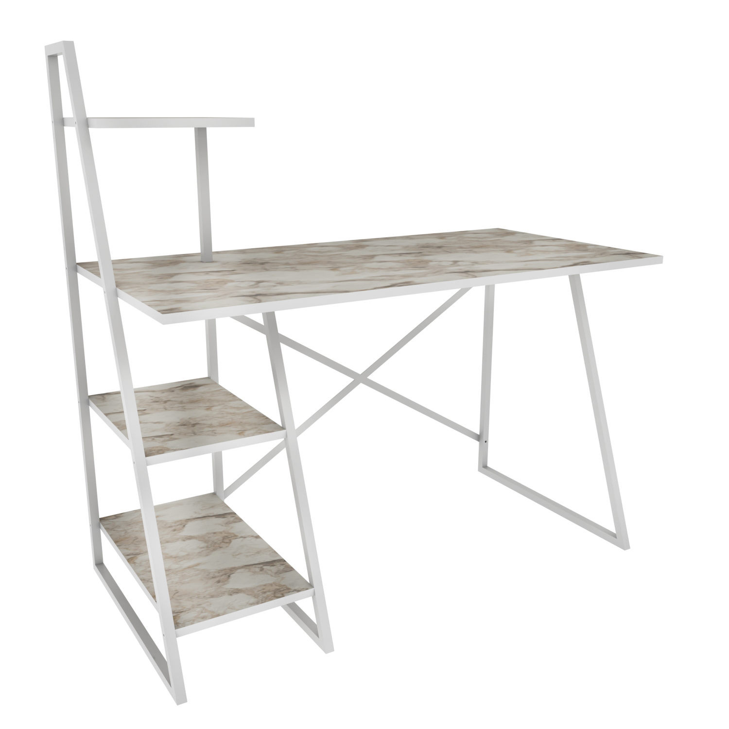 Bureau design à étagères Lilowan L120cm Bois Effet marbre et Métal Blanc
