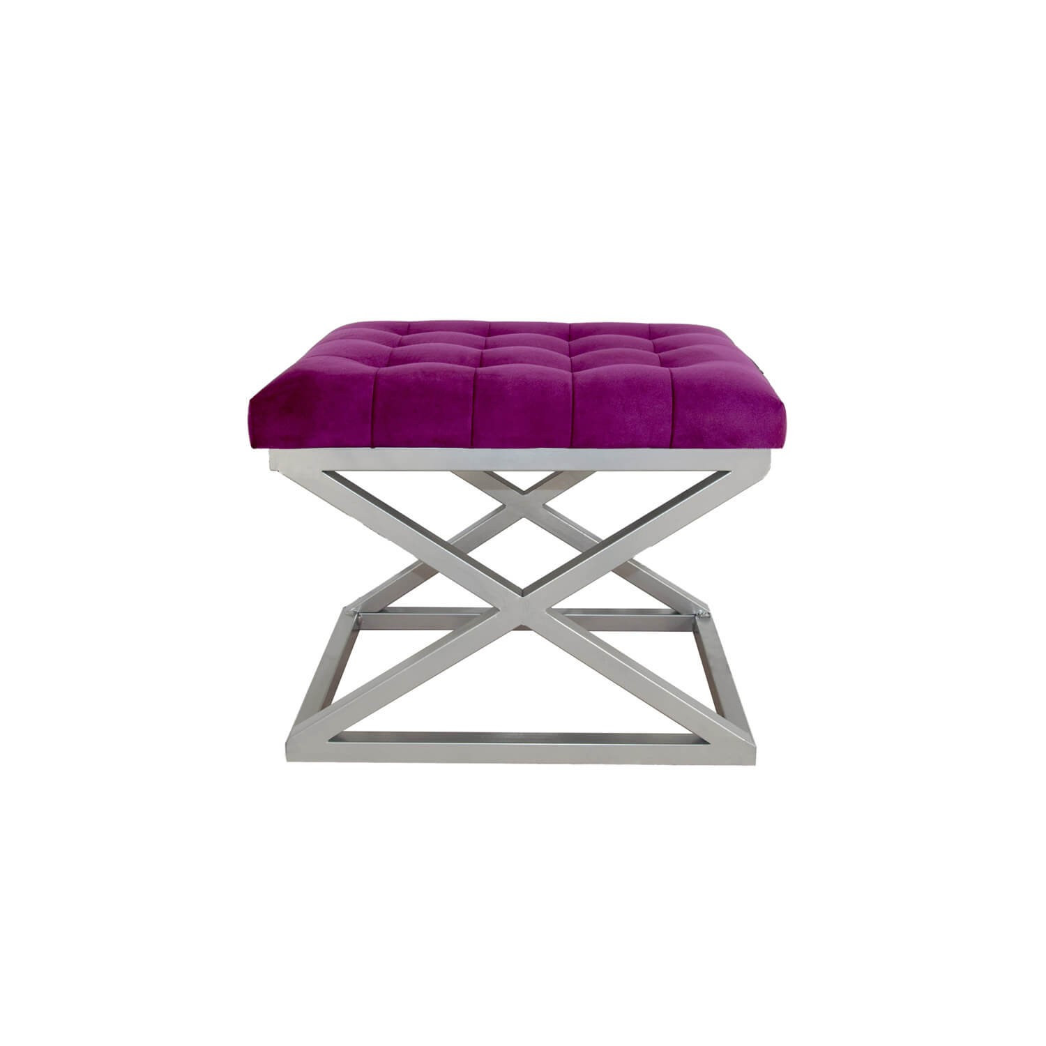 Tabouret assise capitonnée Ulad Métal Argent et Velours Fuchsia