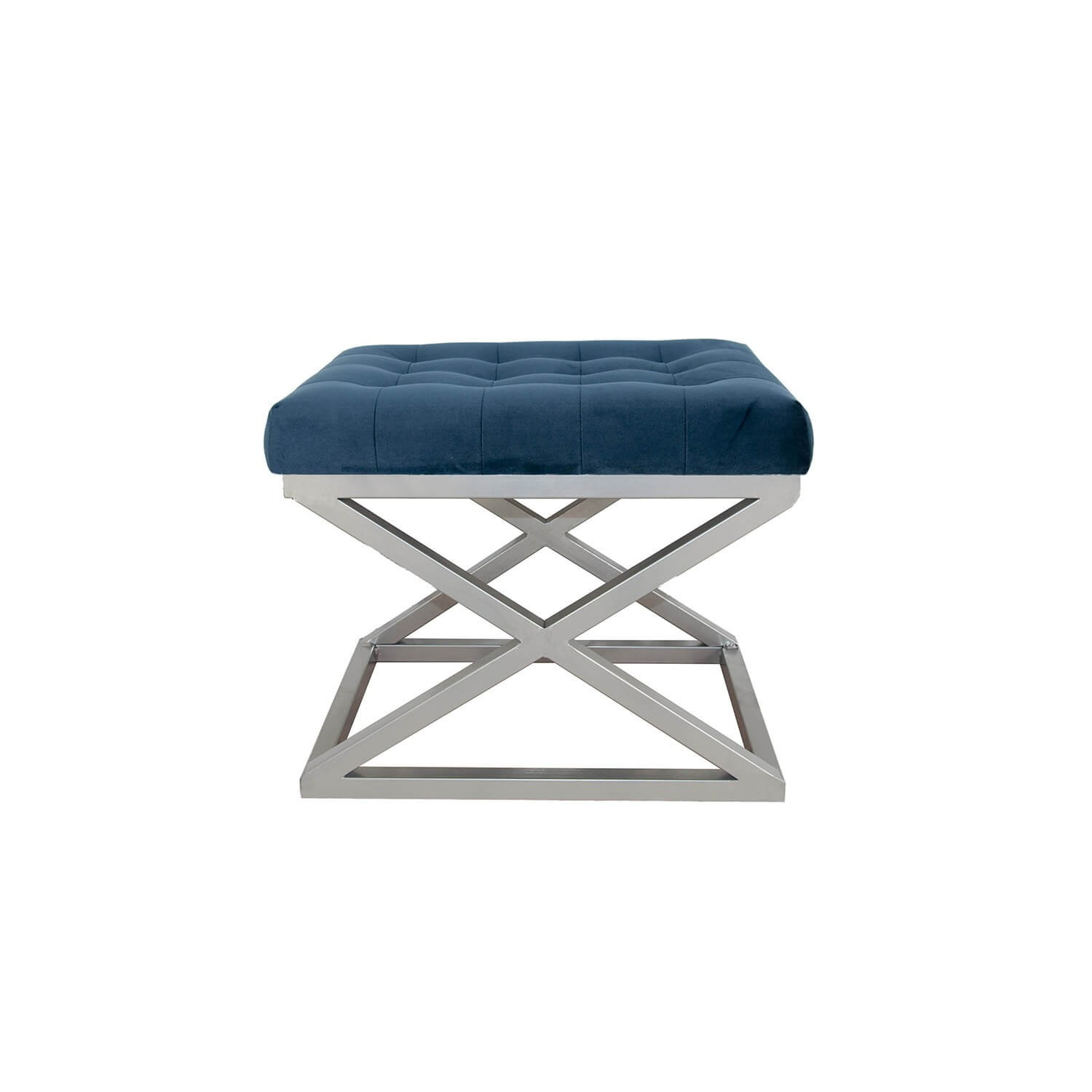 Tabouret assise capitonnée Ulad Métal Argent et Velours Bleu marine