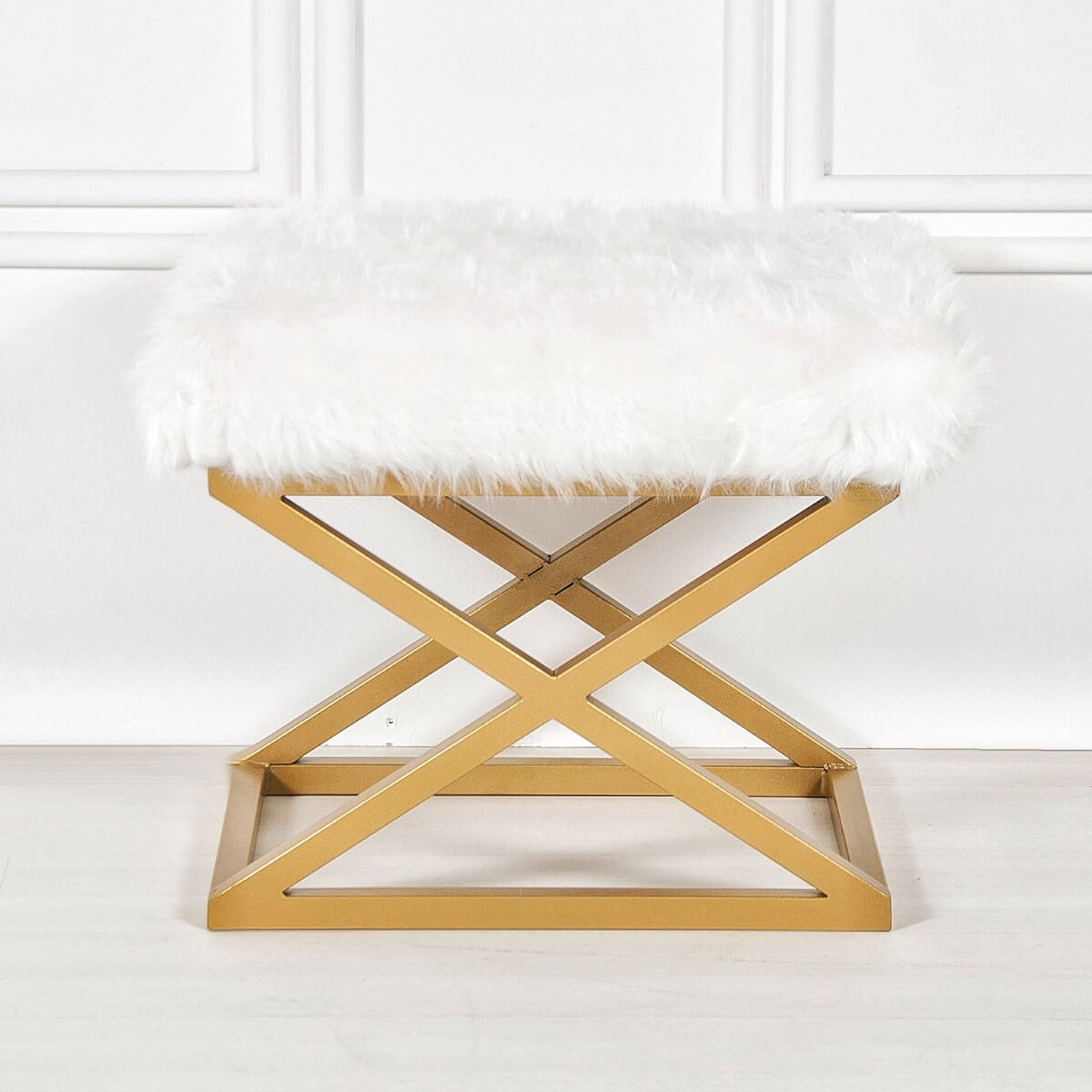 Tabouret style industriel Lemed Métal Or et Tissu peluche Blanc