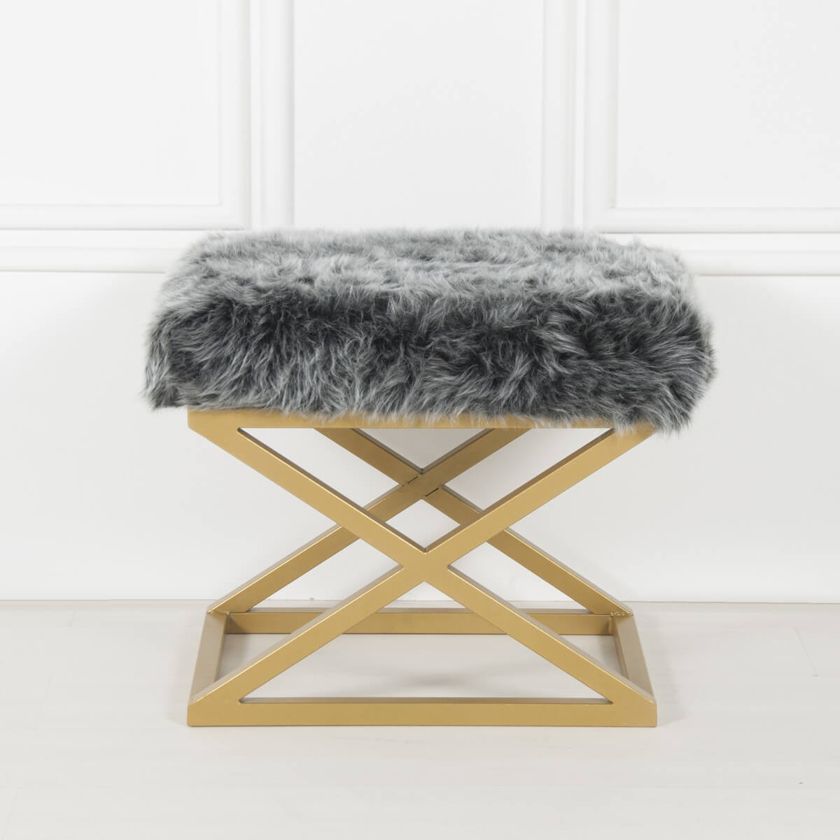 Tabouret style industriel Lemed Métal Or et Tissu peluche Gris