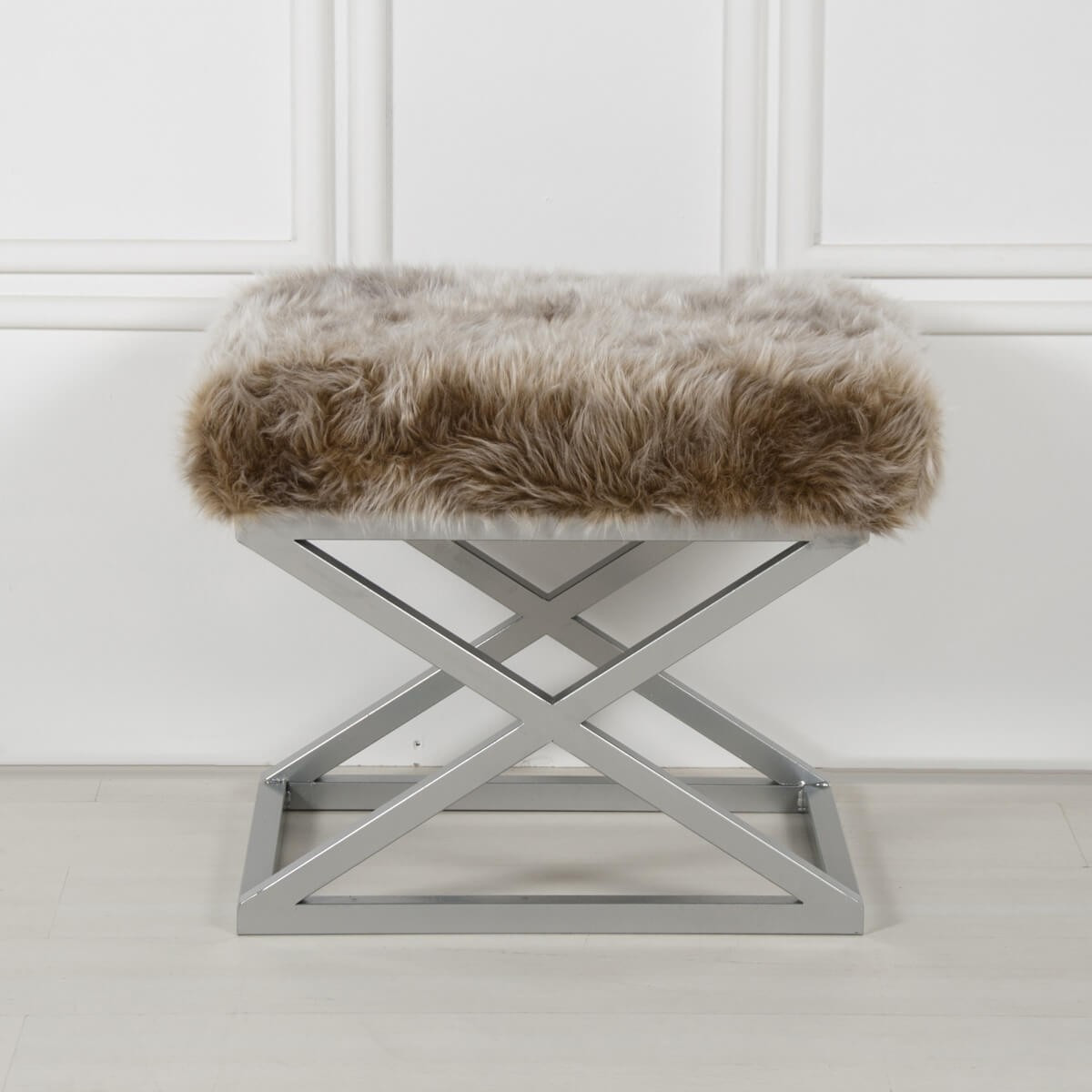 Tabouret style industriel Lemed Métal Argent et Tissu peluche Marron
