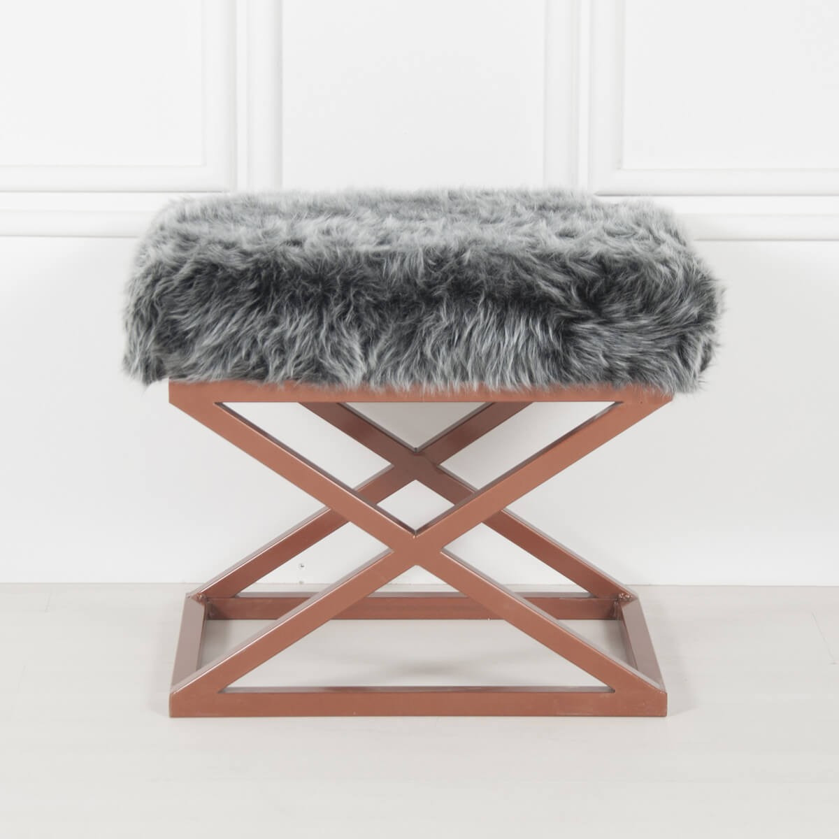 Tabouret style industriel Lemed Métal Cuivre et Tissu peluche Gris