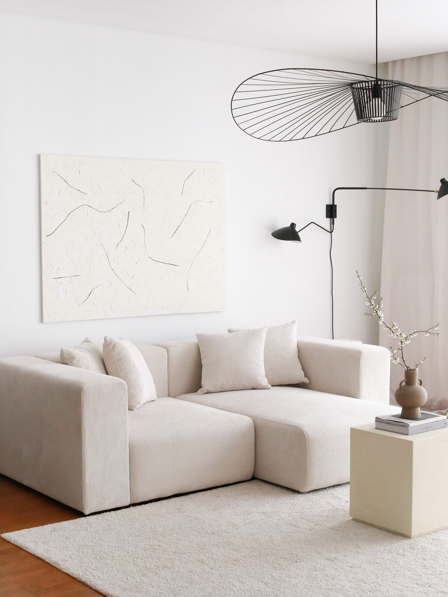 Canapé modulable 2 places, avec méridienne à droite Jonas Velours côtelé Blanc