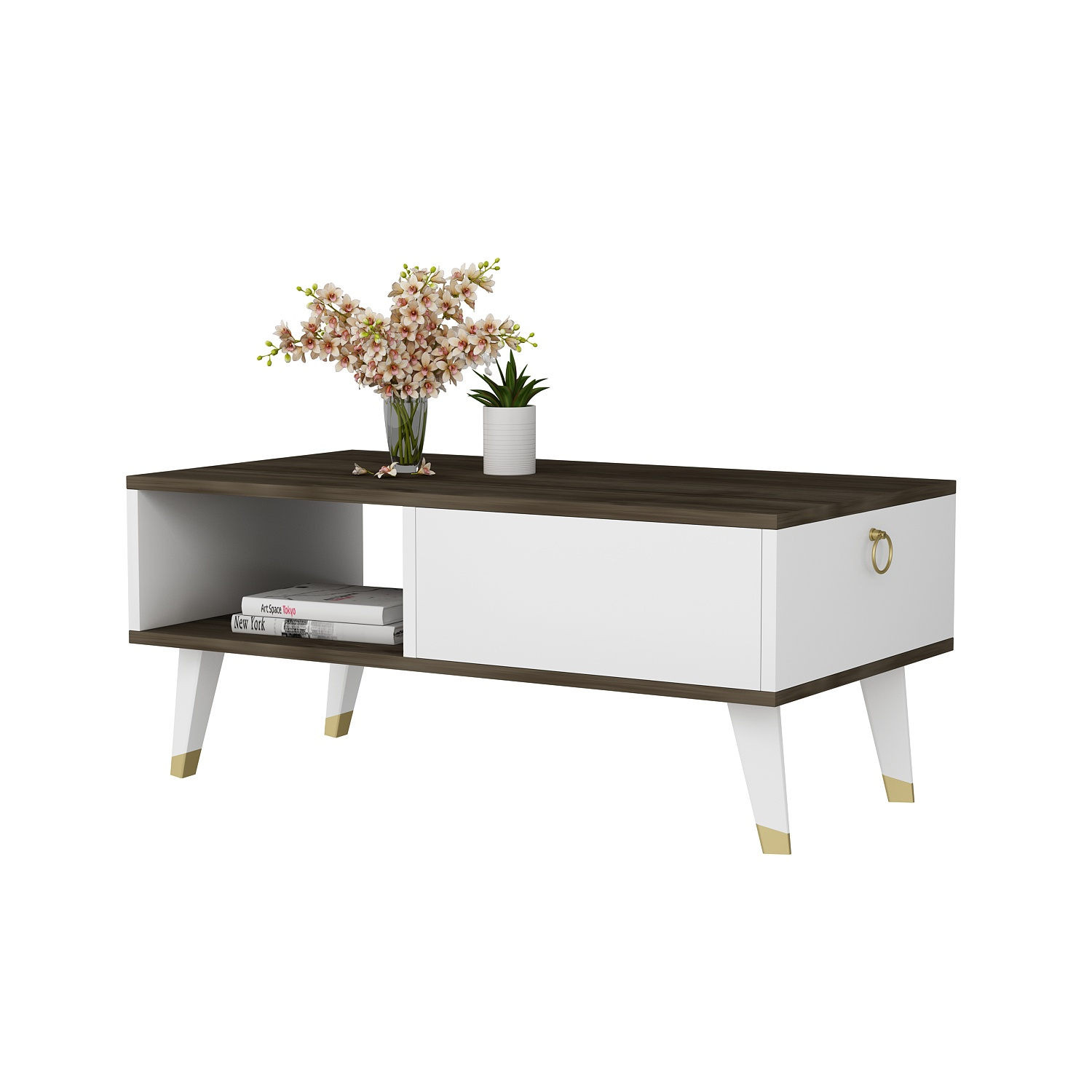 Table basse style scandinave Wakian L90cm Bois foncé et Blanc