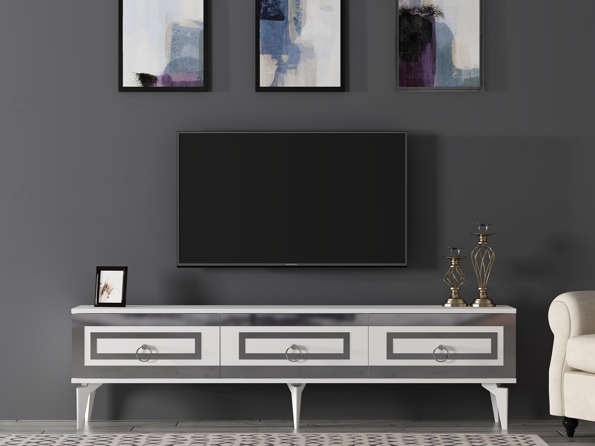 Meuble tv style art déco Karinox L180cm Blanc et Effet miroir Argent