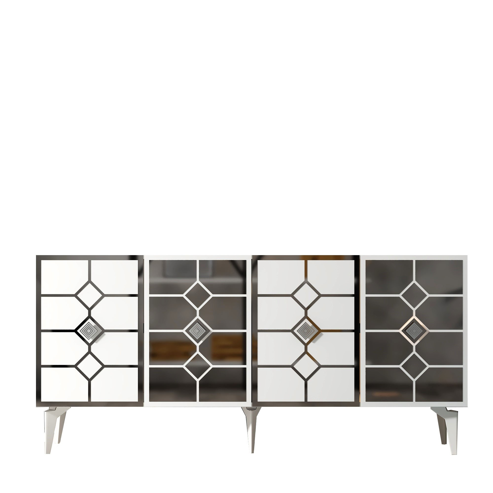 Buffet style art déco Edwood L150cm blanc et Effet miroir Argent