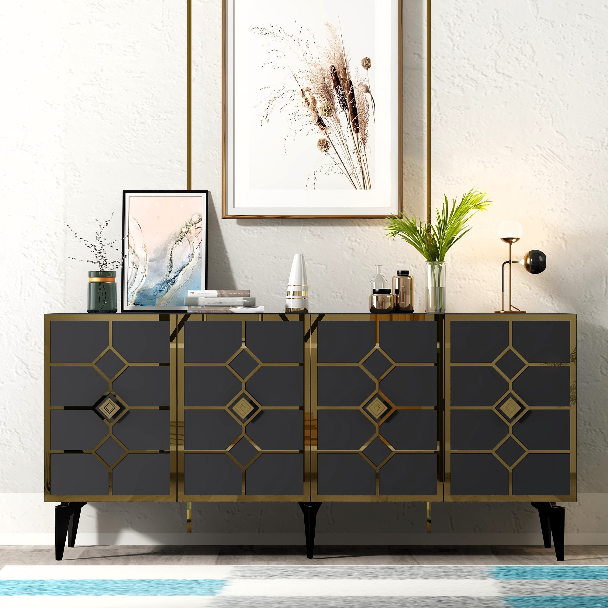 Buffet style art déco Edwood L150cm Bois Anthracite et Effet miroir Or