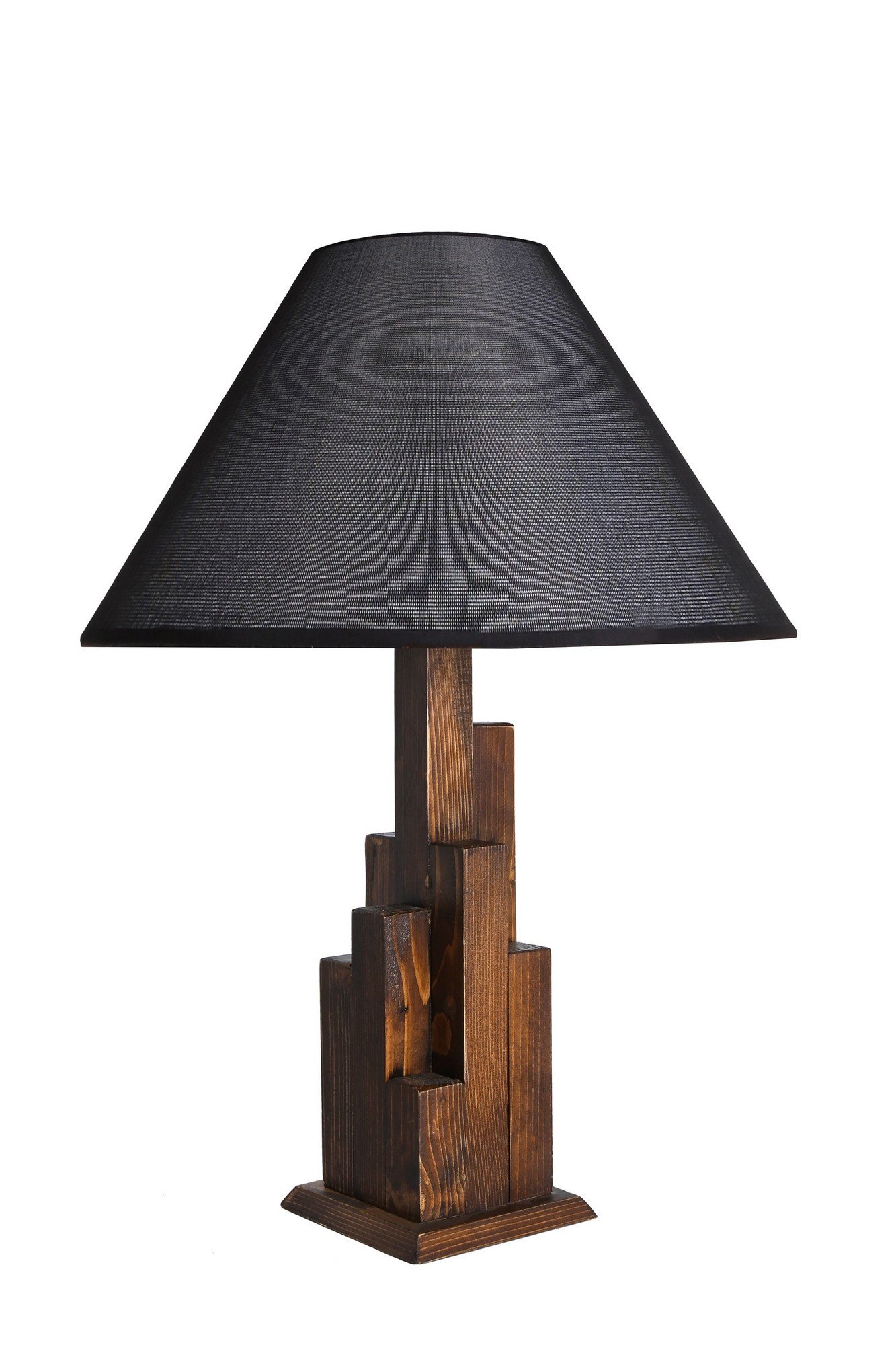 Lampe à poser style vintage moderne Tatri Abat jour conique Tissu Noir avec support Motif Géométrique Bois foncé
