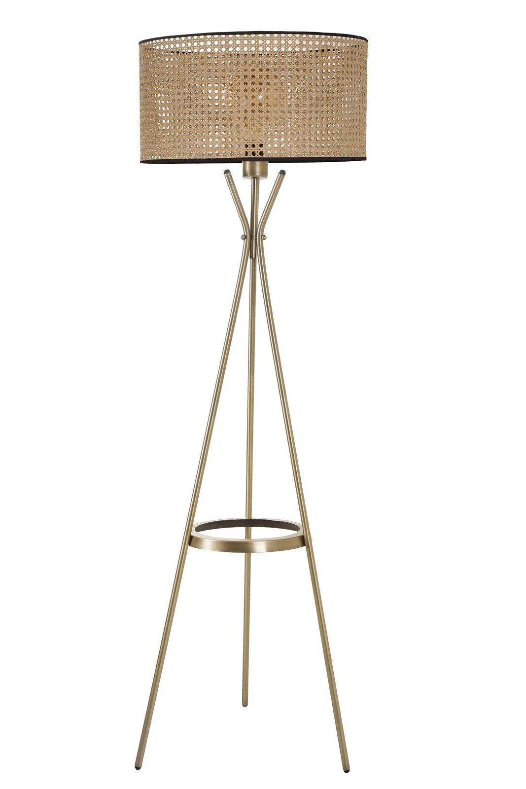 Lampadaire design avec porte pot intégré Triesy H165cm Abat jour avec cannage Beige et support Métal Or