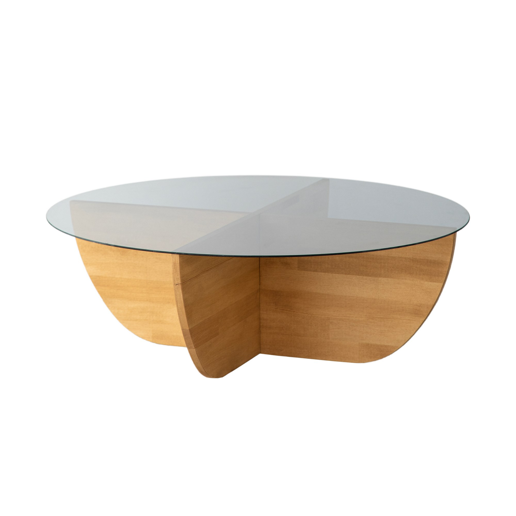 Table basse design Sunac D90cm Verre Transparent et Pin massif Chêne clair