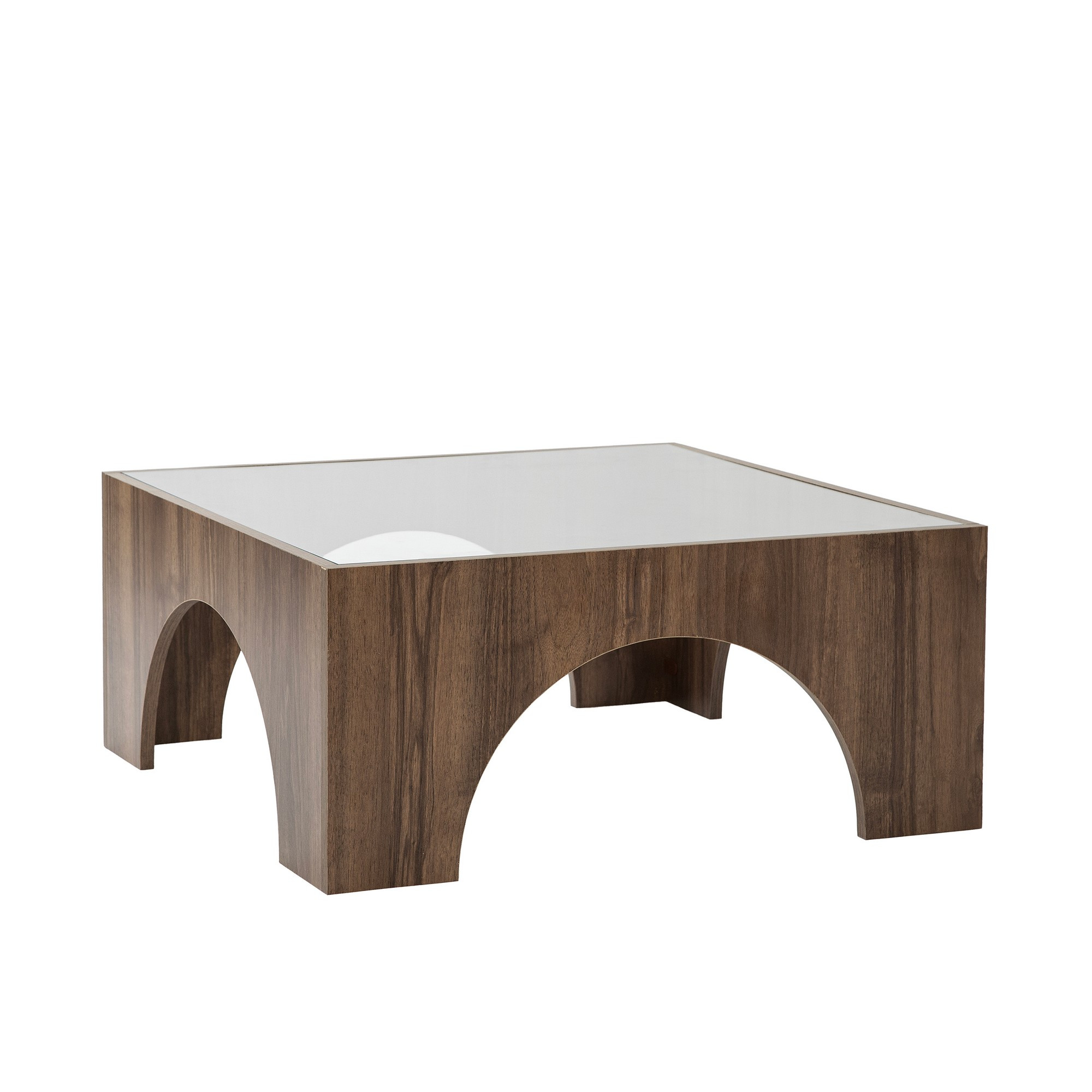 Table basse Vittina 80x80cm Bois foncé et Verre fumé Gris