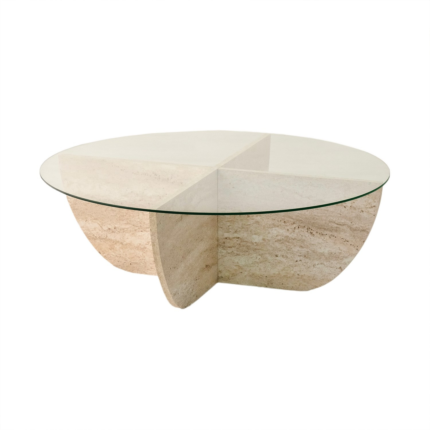 Table basse ronde design Luxy D90cm Verre Transparent et Effet travertin Beige
