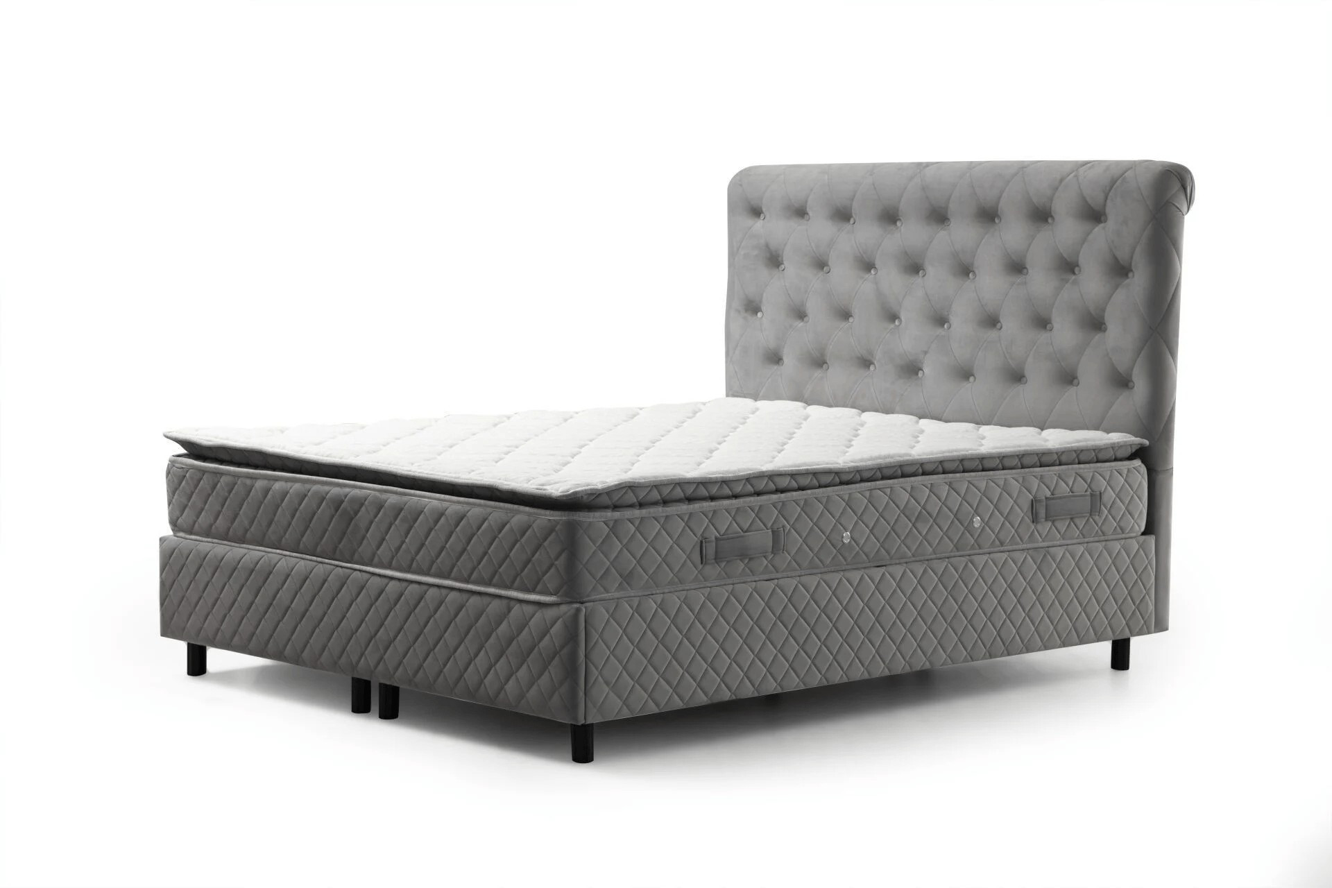 Lit double Gauto Velours Gris avec matelas 160x200cm Waterproof à ressort ensachés et surmatelas mousse intégré
