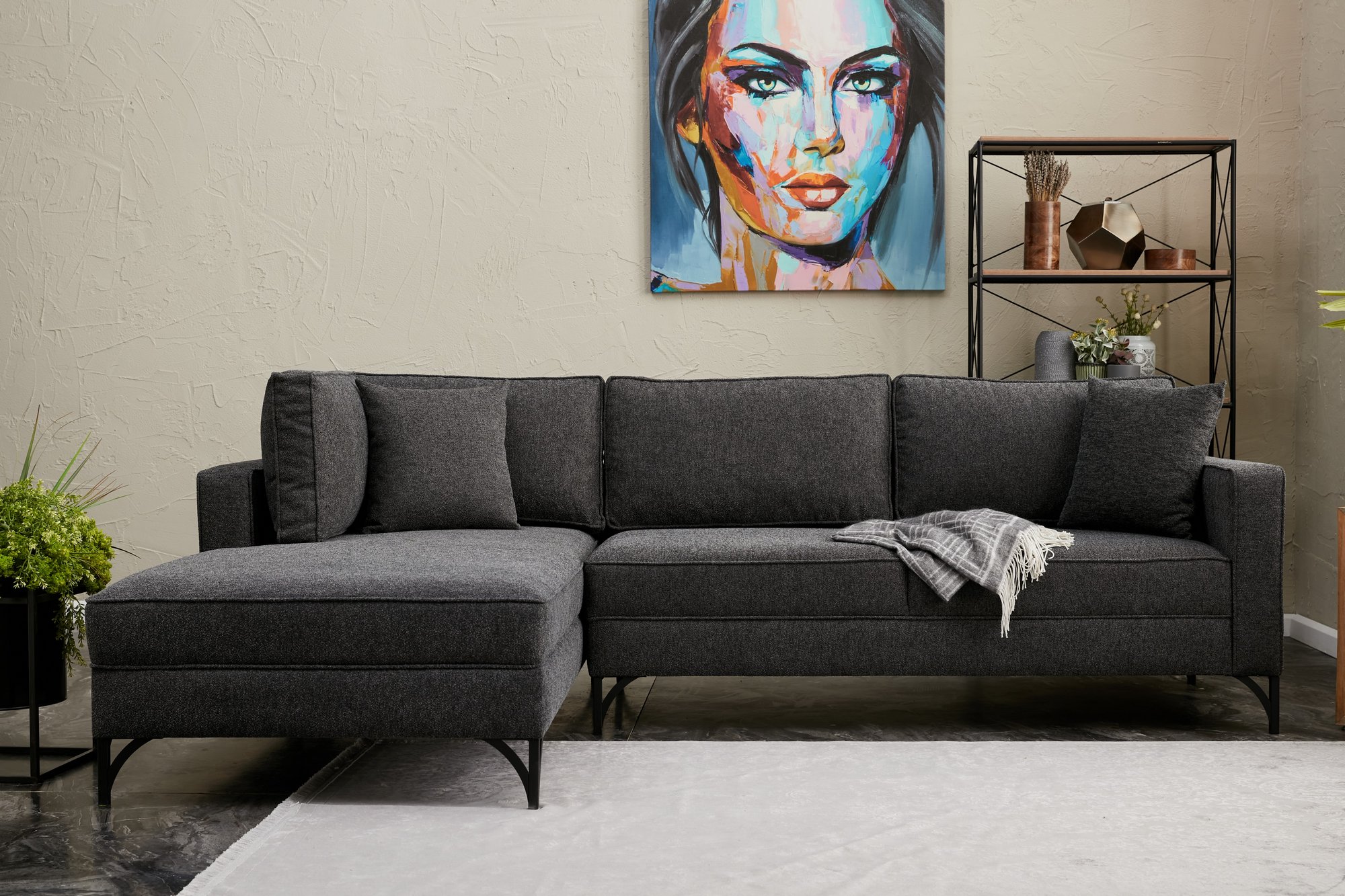 Canapé d'angle moderne Barlino angle à gauche Tissu Anthracite pieds Noir
