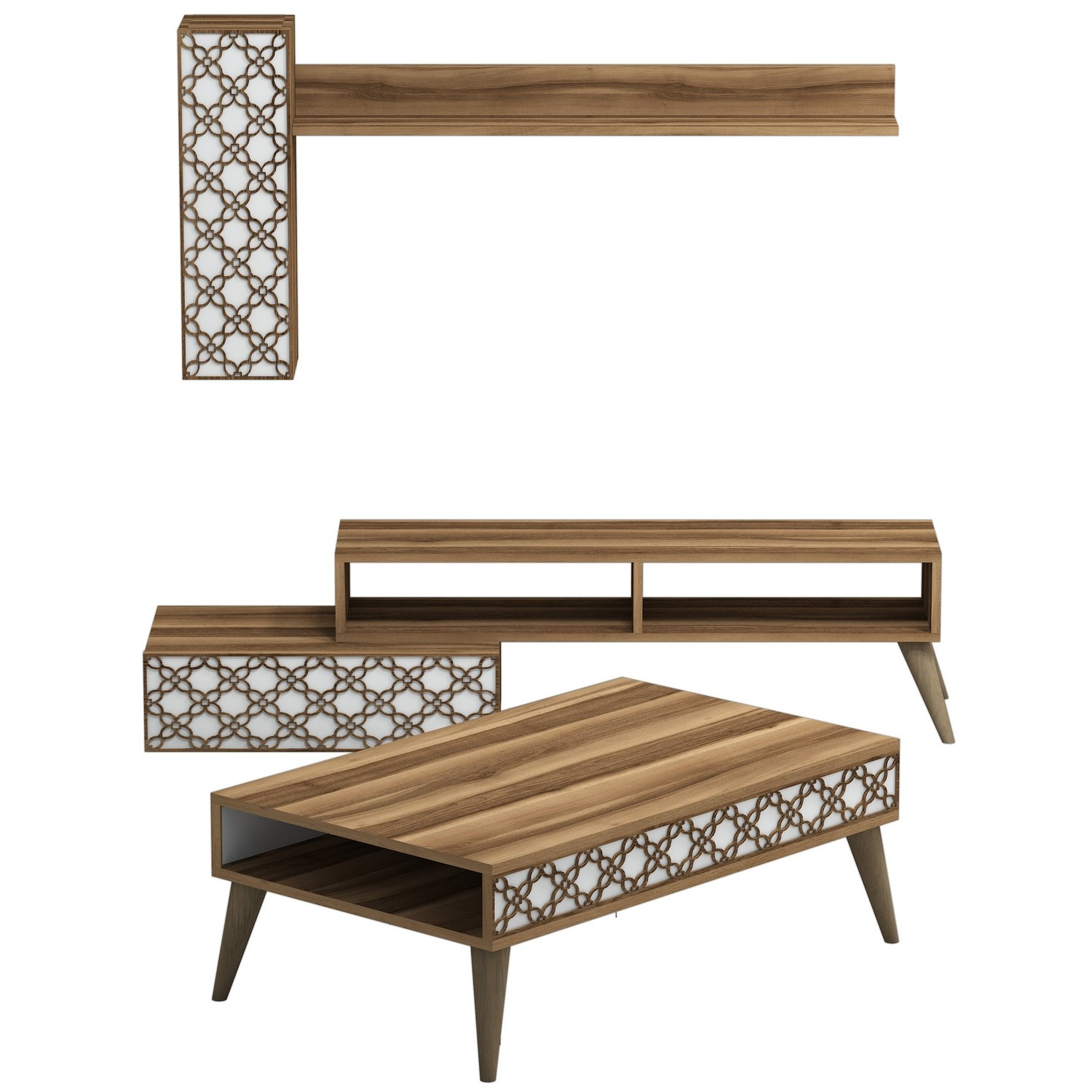 Ensemble meuble de salon Atho 3 pièces Motif Arabesque Bois foncé et Blanc