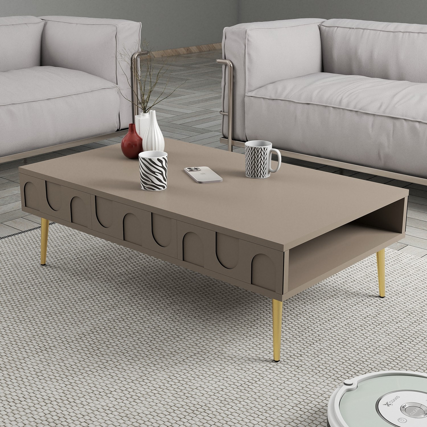 Table basse design Ponzay L105cm Taupe et Or