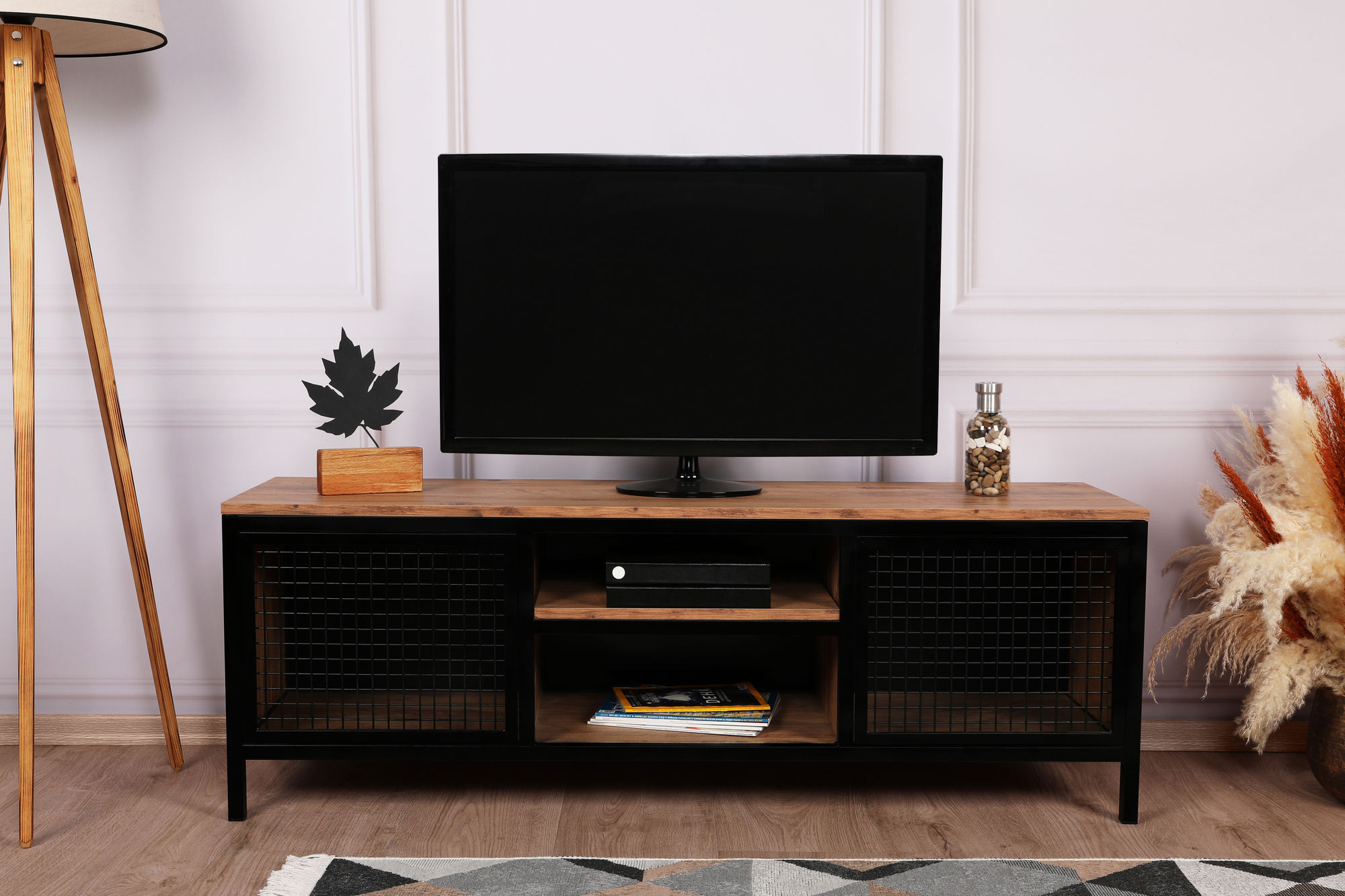 Meuble Tv 2 portes à grilles Emiso L157cm Métal Noir et Bois Chêne foncé