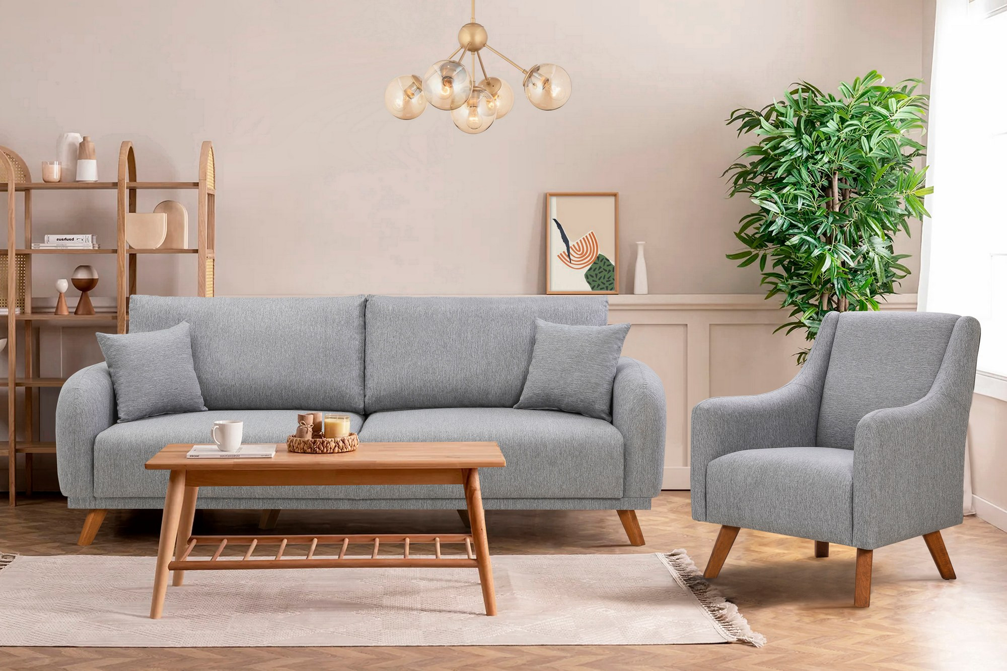 Ensemble canapé 3 places convertible avec rangement et fauteuil Occimis Tissu Gris clair