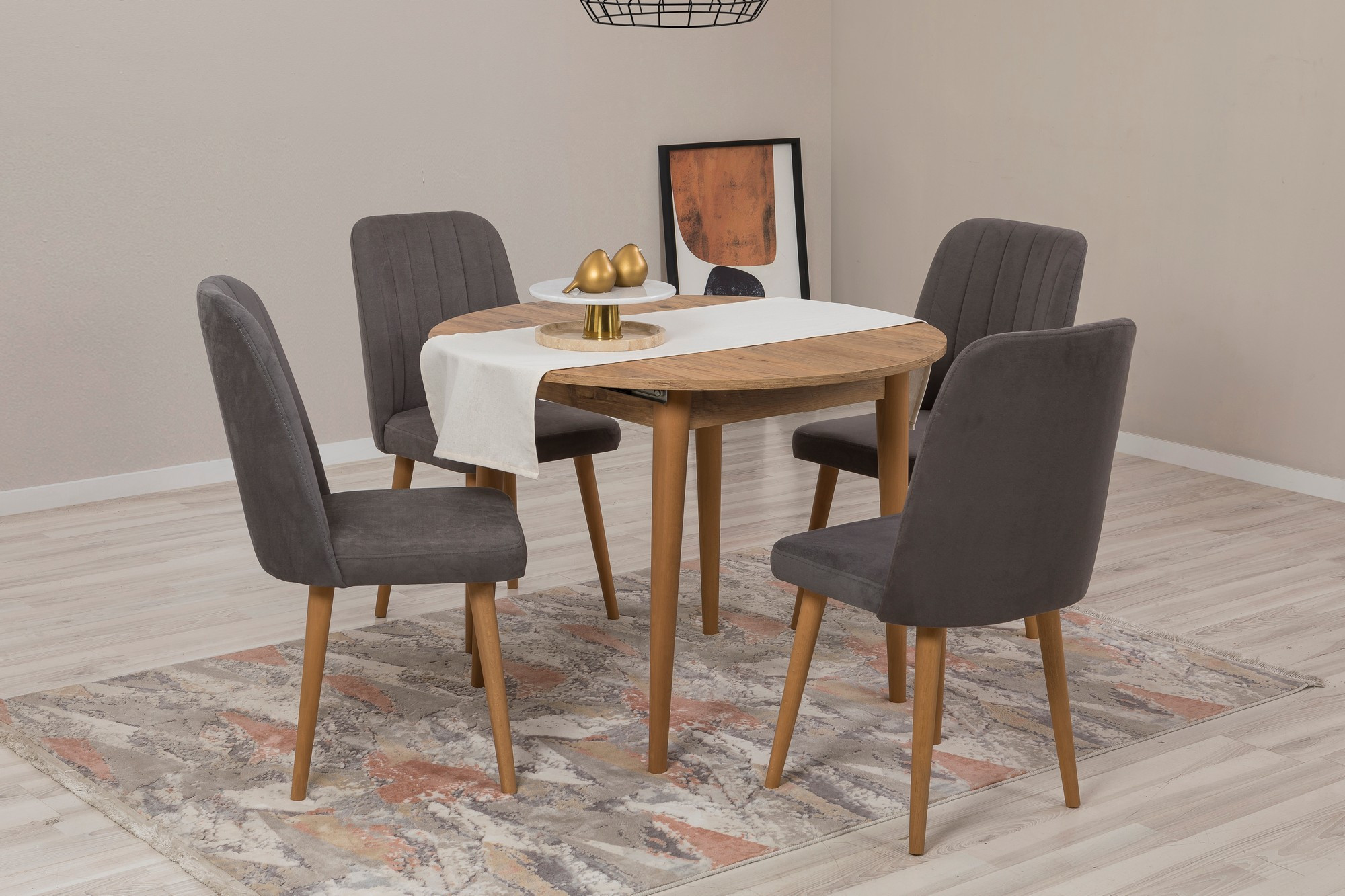 Set table ronde extensible et 4 chaises Malva Bois clair et Tissu Gris foncé