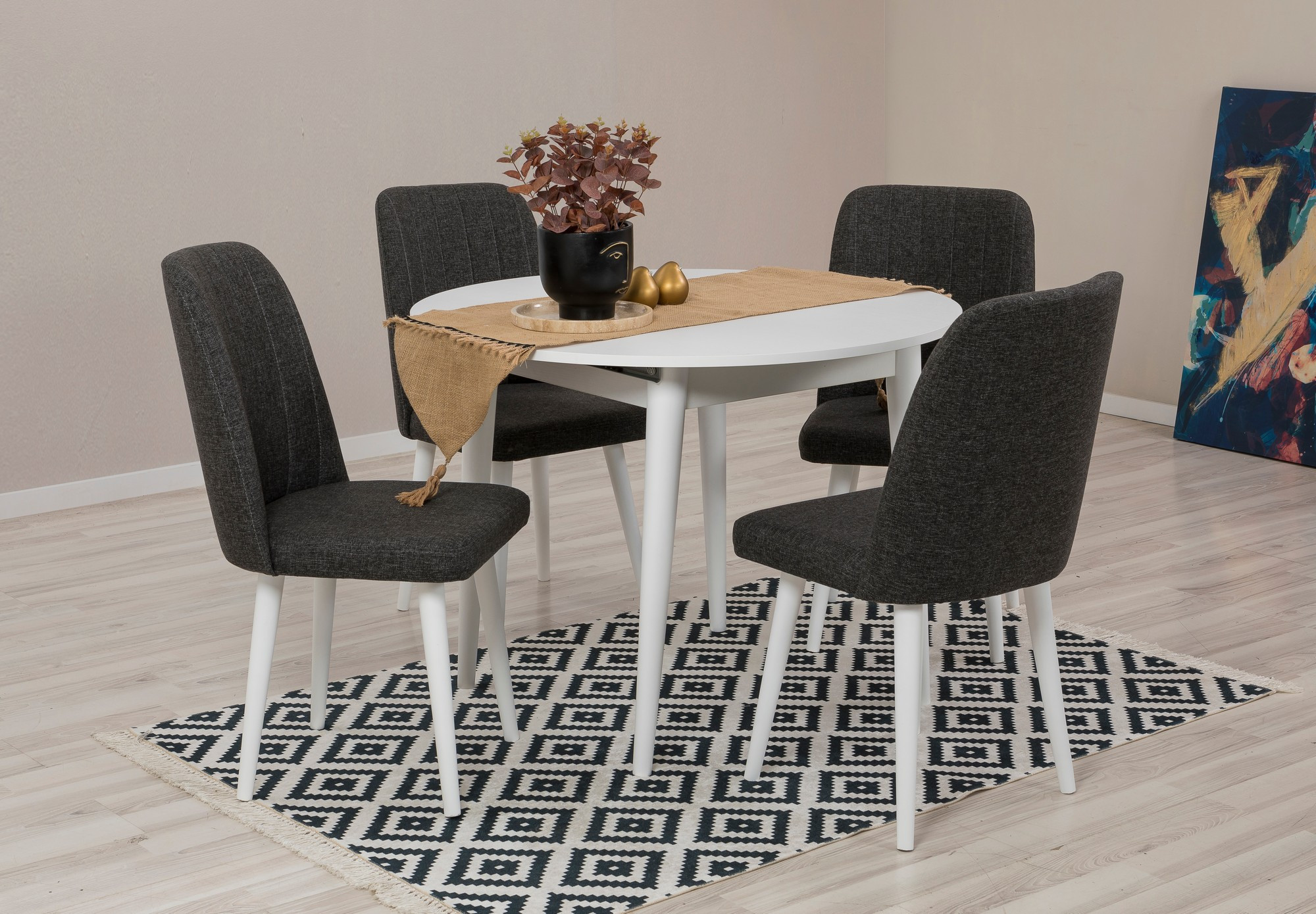 Set table ronde extensible et 4 chaises Malva Bois Blanc et Tissu Anthracite