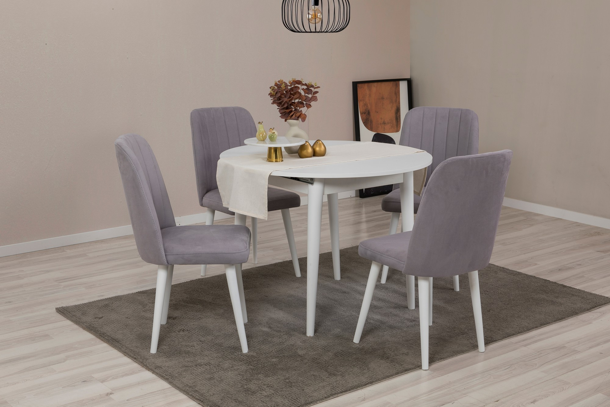 Set table ronde extensible et 4 chaises Malva Bois Blanc et Tissu Gris clair