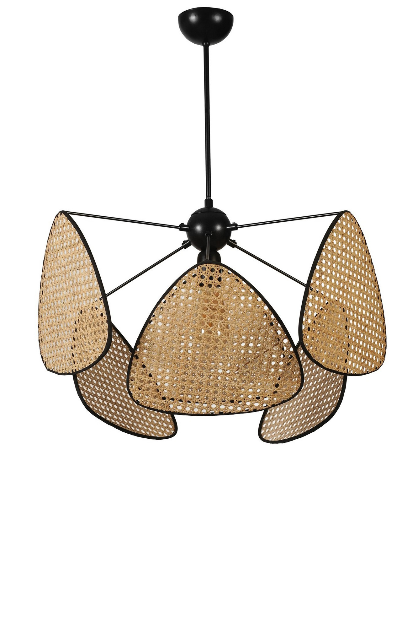 Suspension Style vintage avec cannage Hella D55cm Motif Triangles Rotin Naturel et Métal Noir
