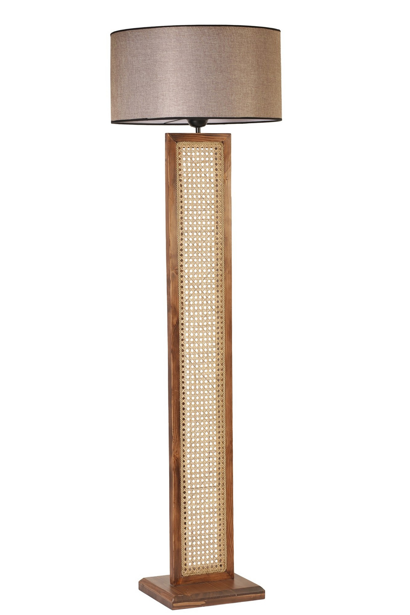 Lampadaire design Robian H150cm Abat jour Taupe et Noir et support avec cannage Bois foncé