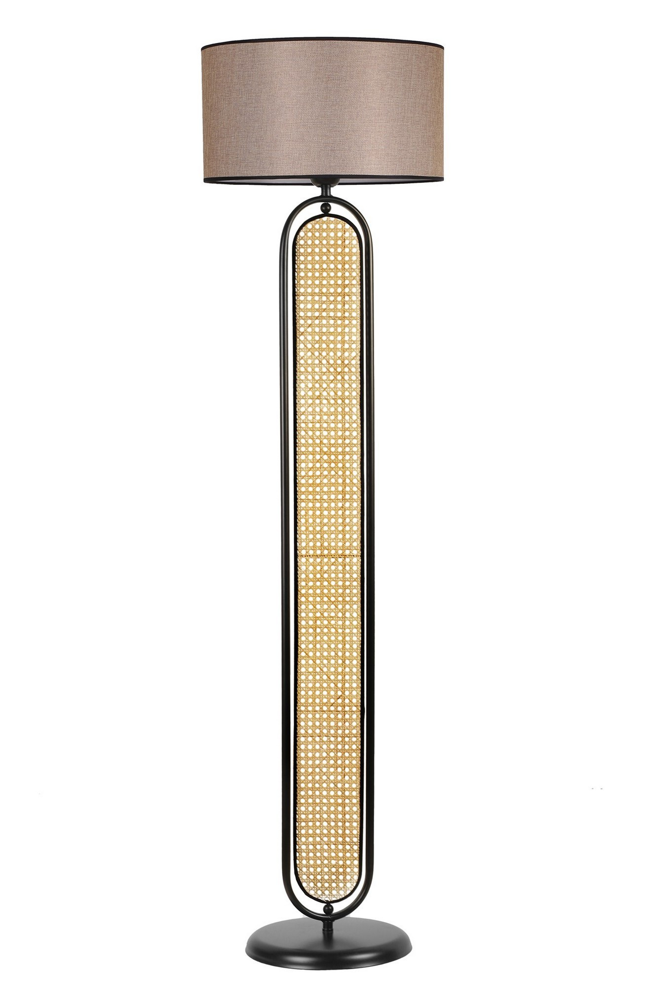 Lampadaire avec cannage style vintage Luxus H162cm Abat-jour Taupe Pied Rotin Beige et Métal Noir