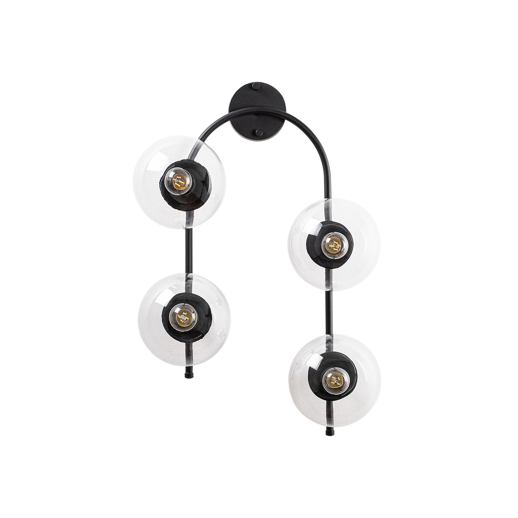 Applique murale 4 lampes sphériques crochet U asymétrique Bulla 40x62cm Verre Transparent et Métal Noir