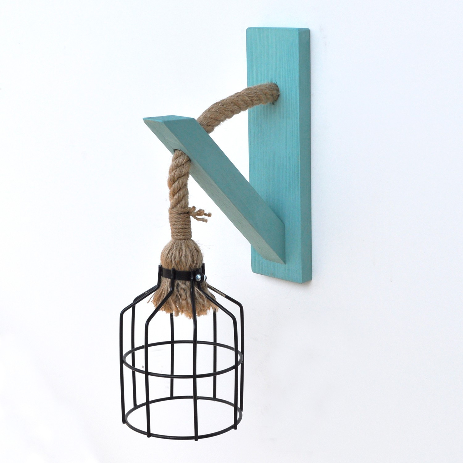 Applique murale grille bonbonne Maritimum  Bois Turquoise Corde Marron et Métal Noir