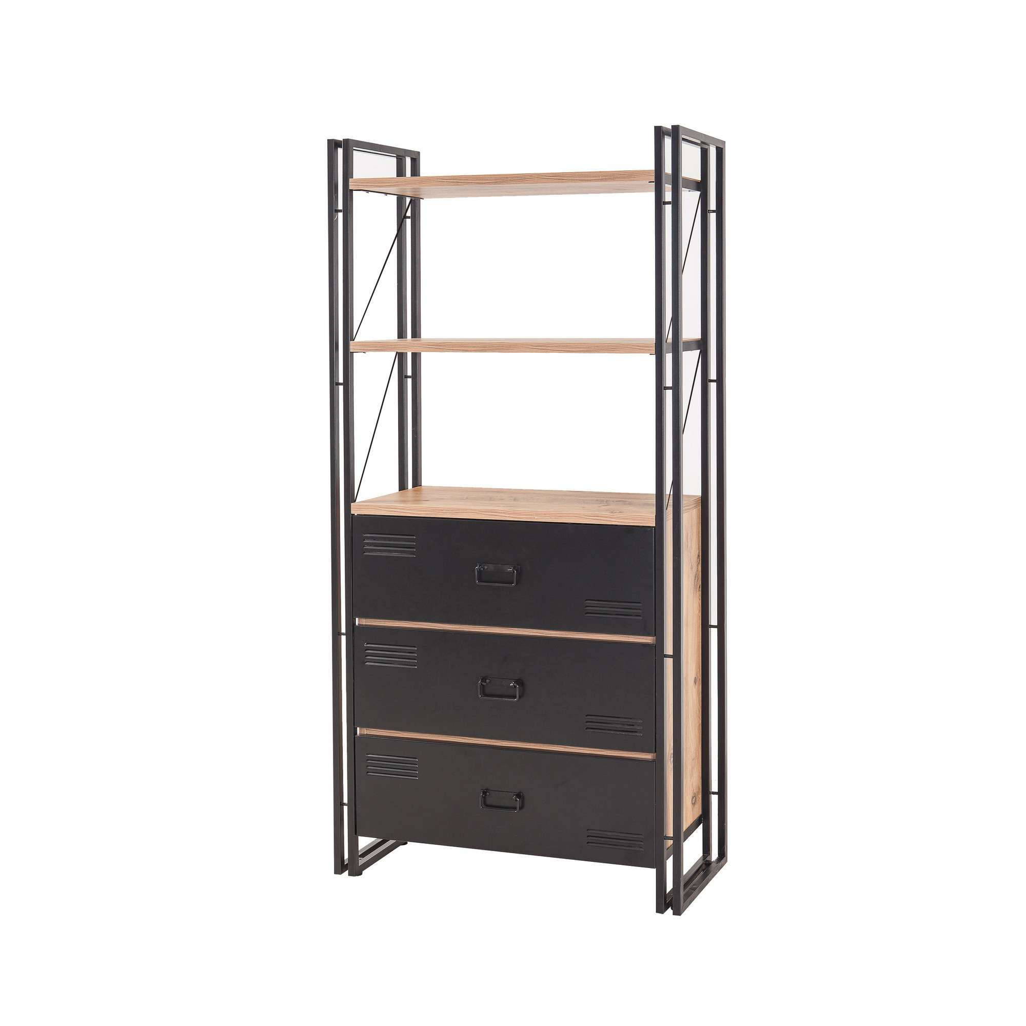 Bibliothèque Broron H180cm Métal Noir et Bois Pin foncé