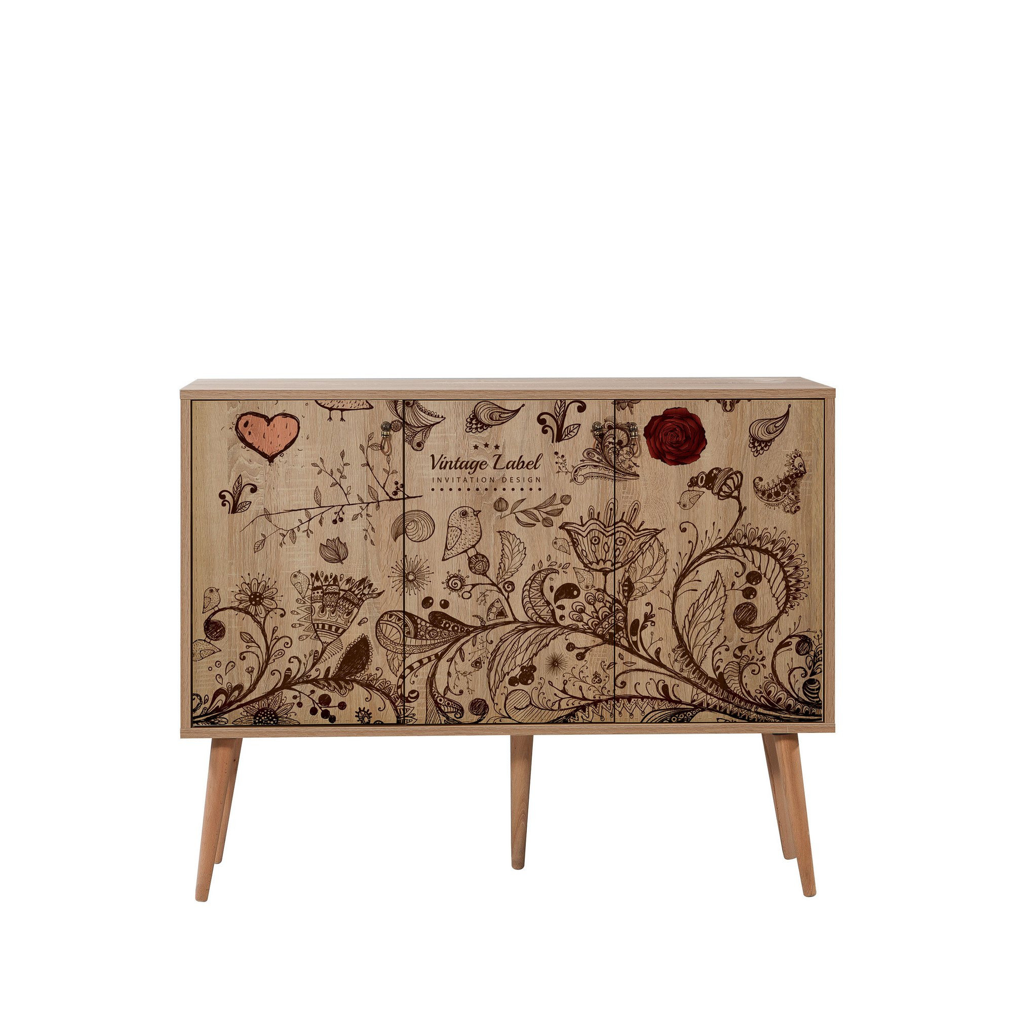 Buffet 3 portes Soho 120x90cm Motif Oiseau et fleurs Bois Naturel et Marron