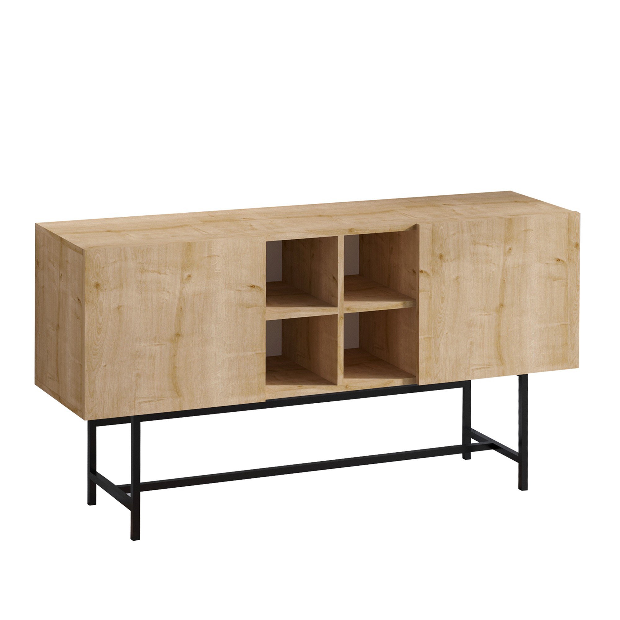 Buffet bas 2 portes et 4 étagères Jatit 150cm Métal Noir et Bois Naturel