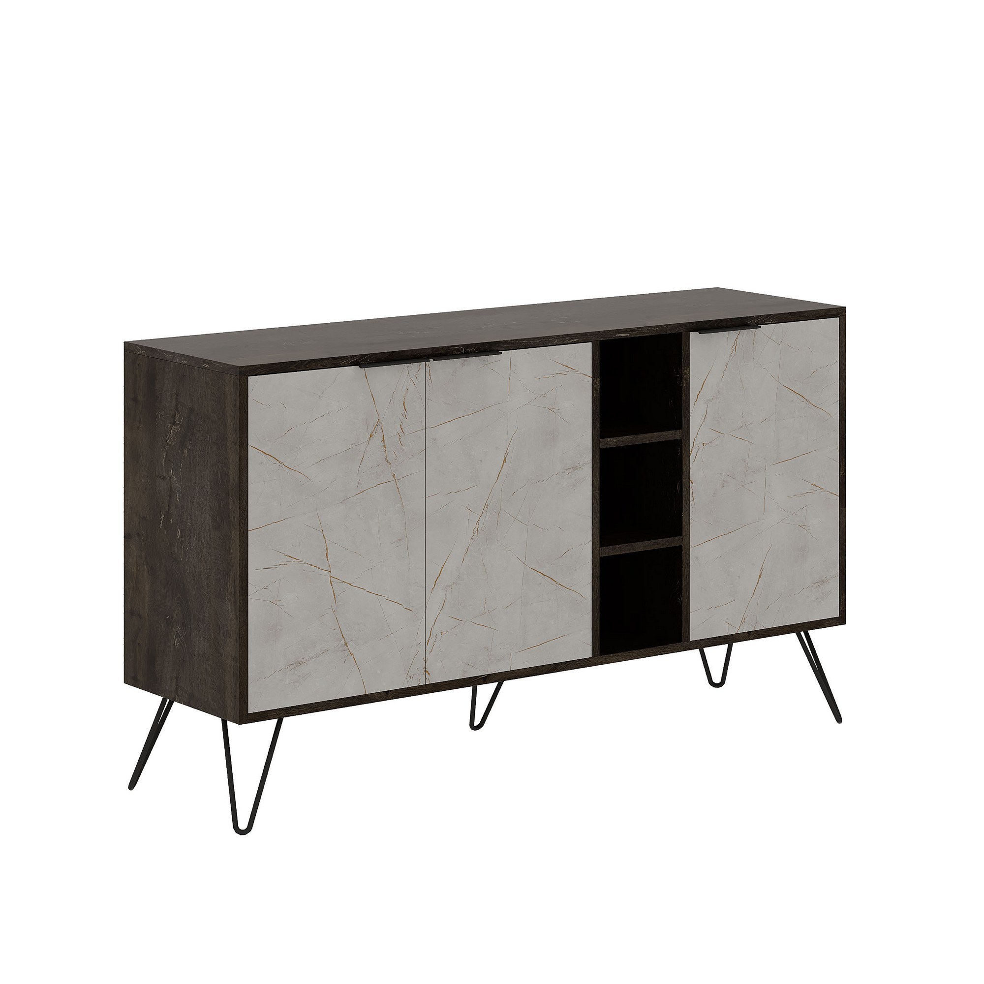 Buffet bas 3 portes et 3 étagères Ginda 142cm Bois Beige et Blanc effet Marbre et Métal Noir