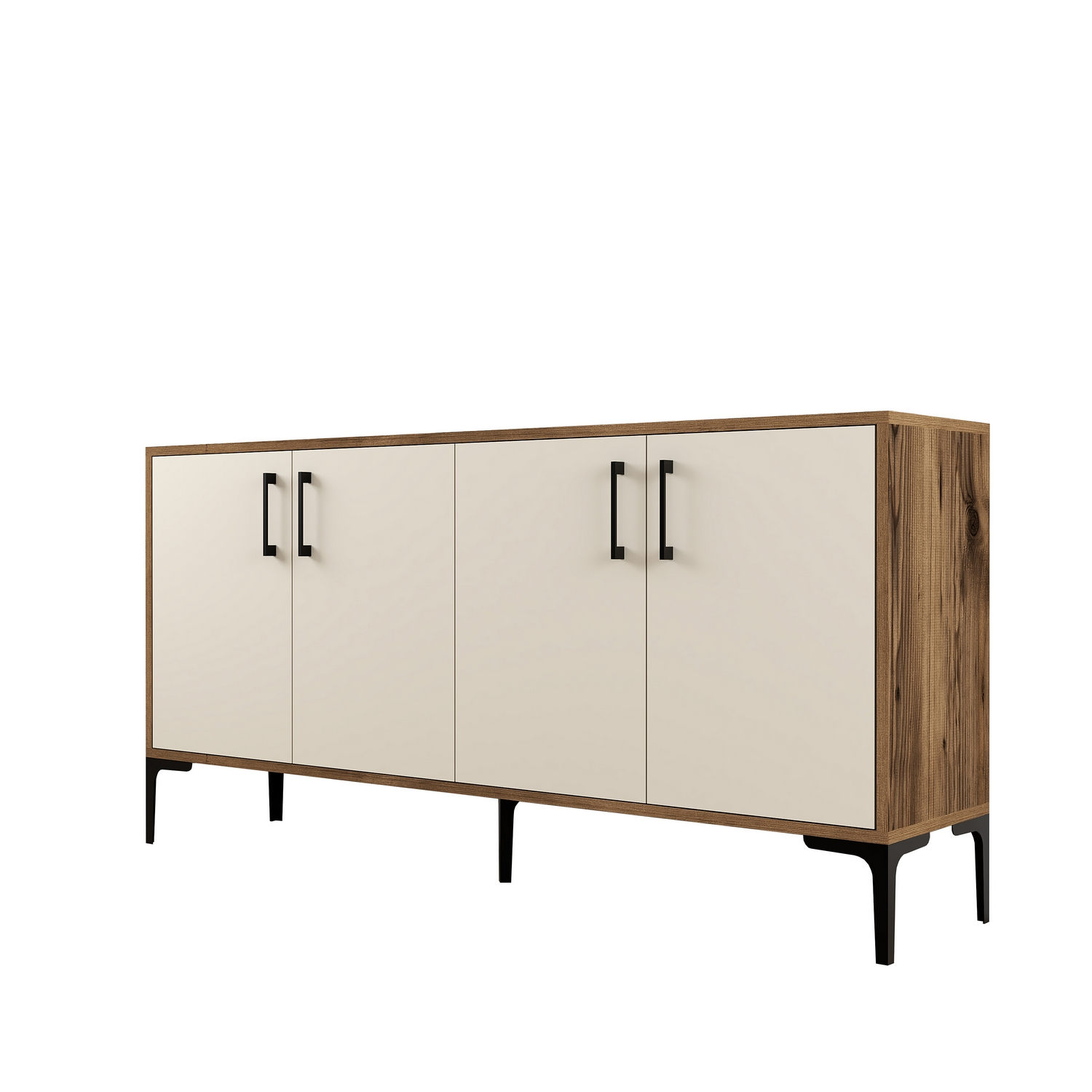 Buffet bas 4 portes Vranus 160cm Bois Naturel et Blanc crème et Métal Noir