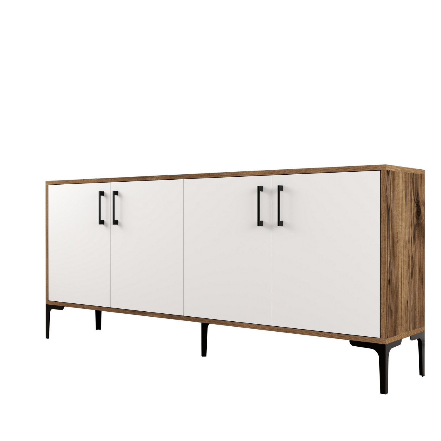 Buffet bas 4 portes Vranus 180cm Bois Naturel et Blanc et Métal Noir