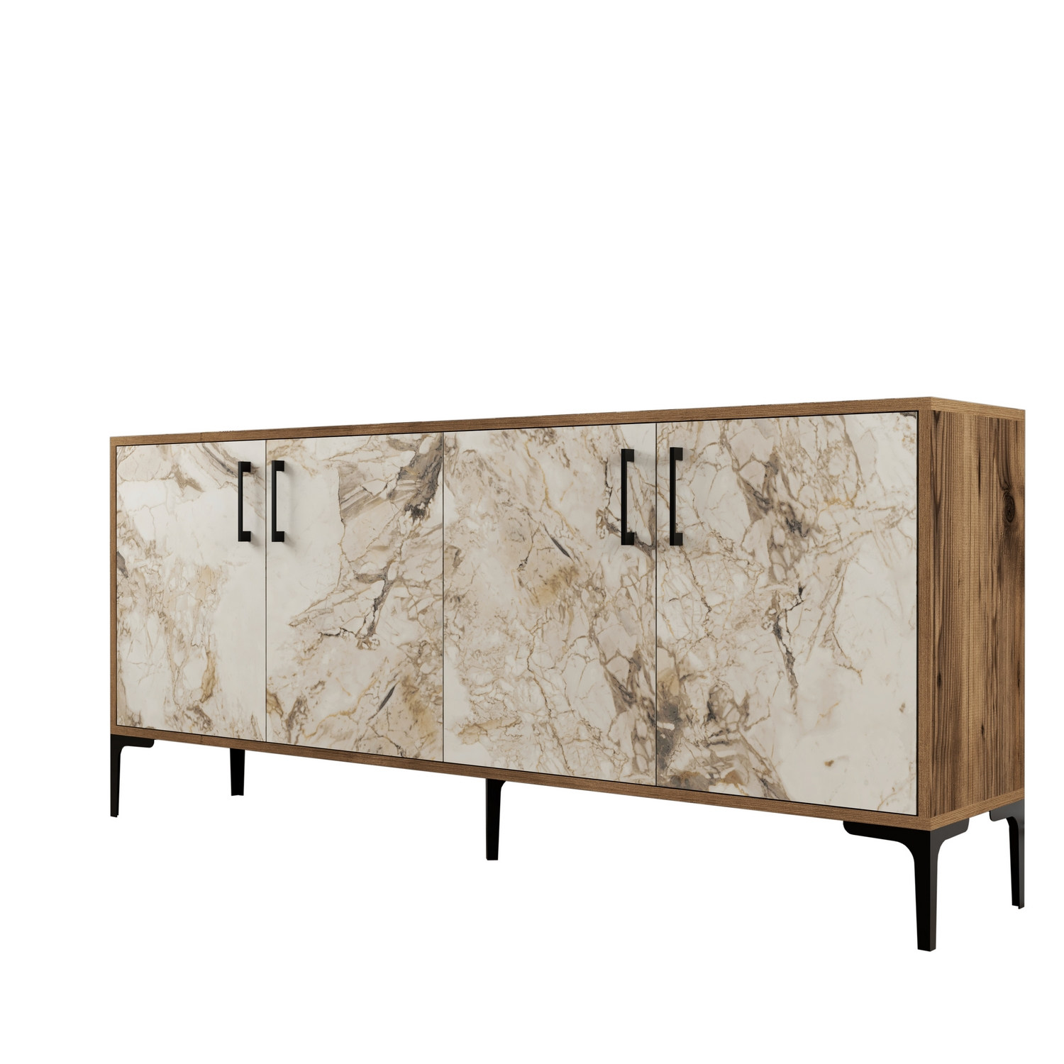 Buffet bas 4 portes Vranus 180cm Bois Naturel et Blanc effet marbre et Métal Noir