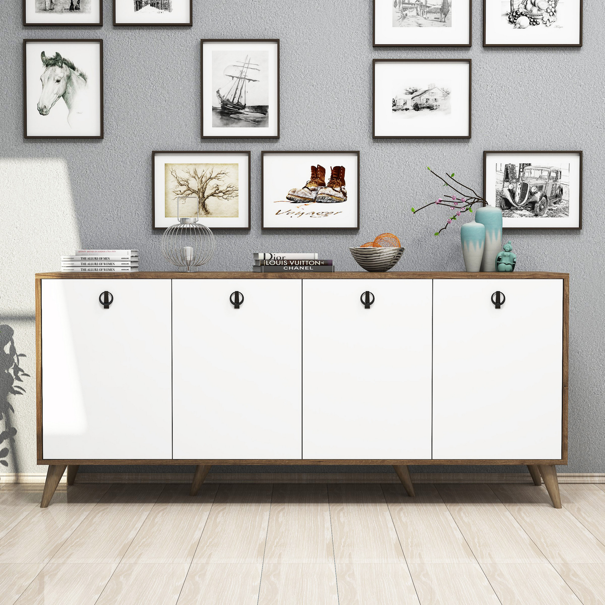Buffet bas 4 tiroirs Bergat 180cm Bois et Blanc