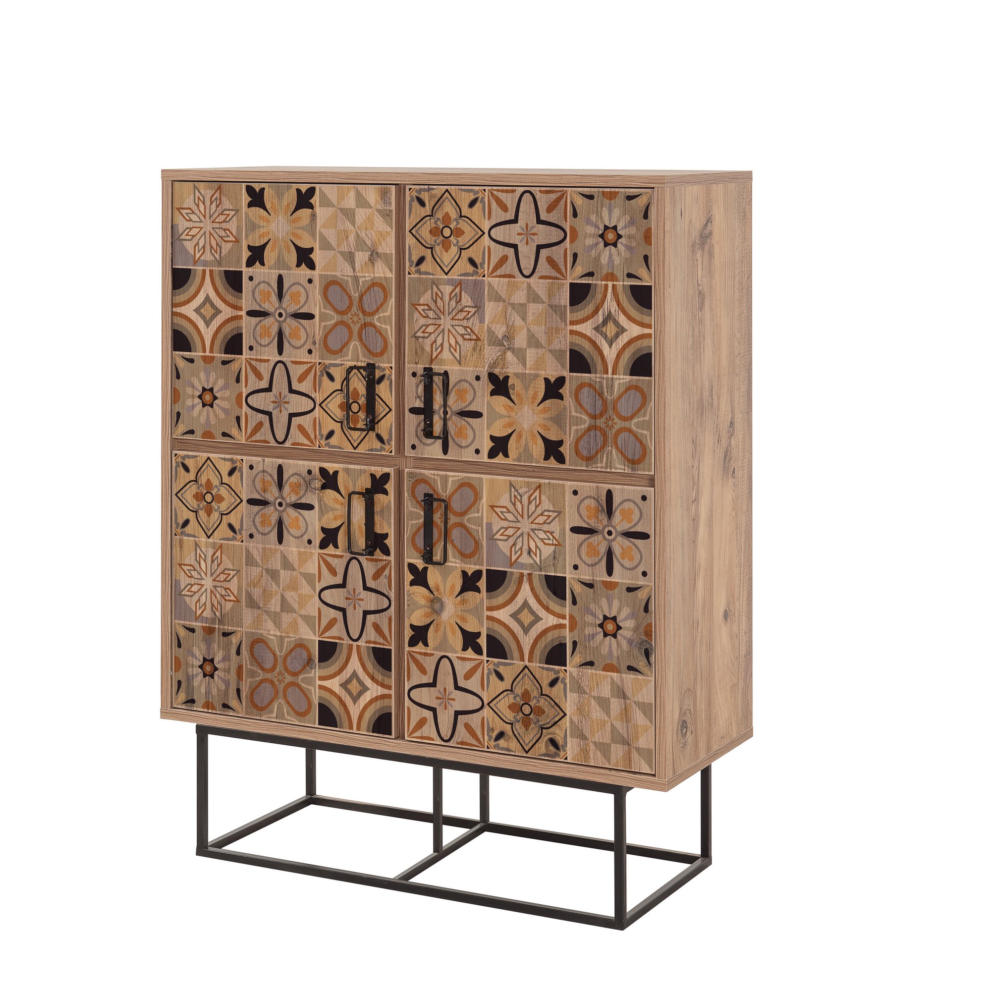 Buffet haut style industriel 4 portes Feneta Bois clair Motif Andalouse