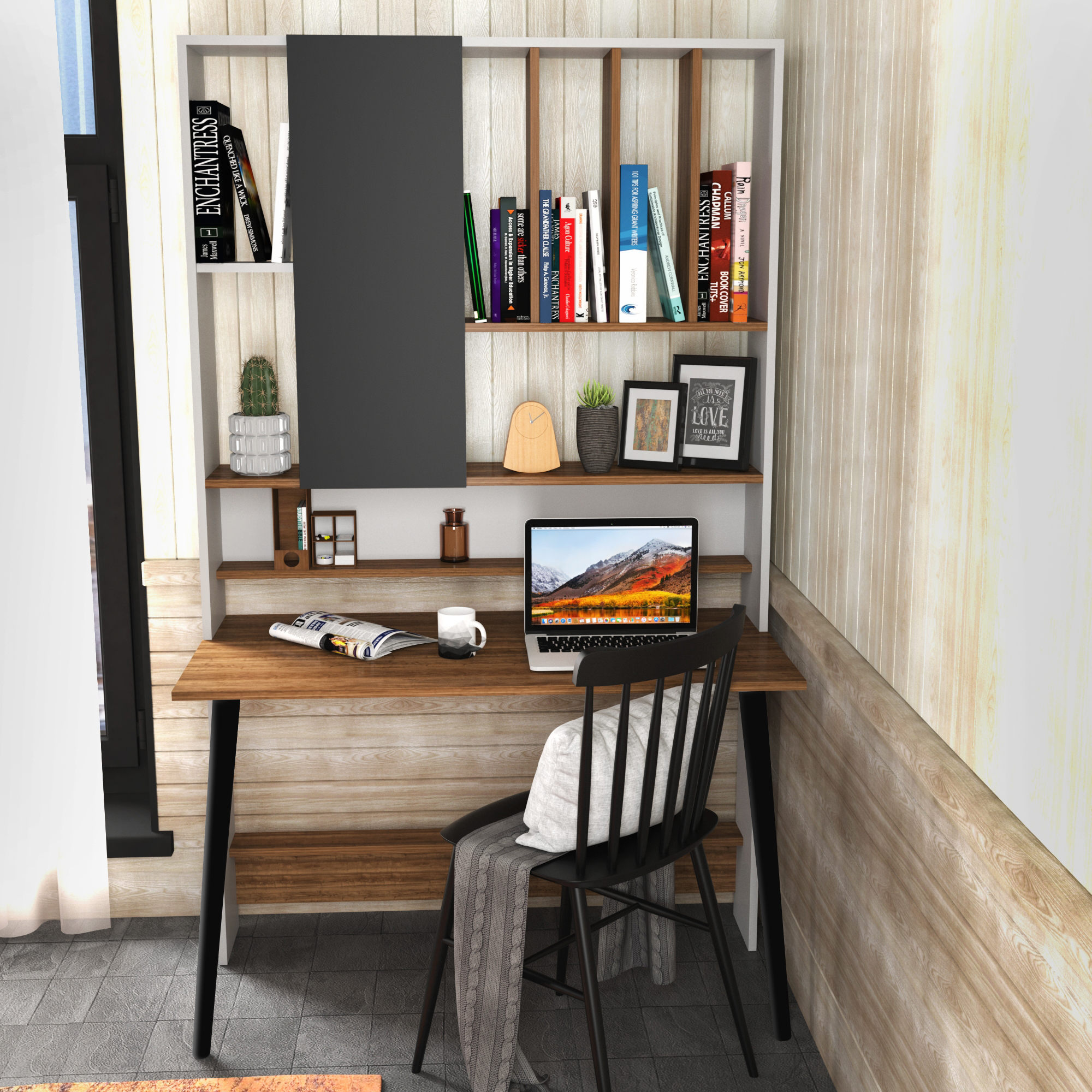 Bureau avec étagère Fekadu L120cm Bois foncé, Blanc et Anthracite
